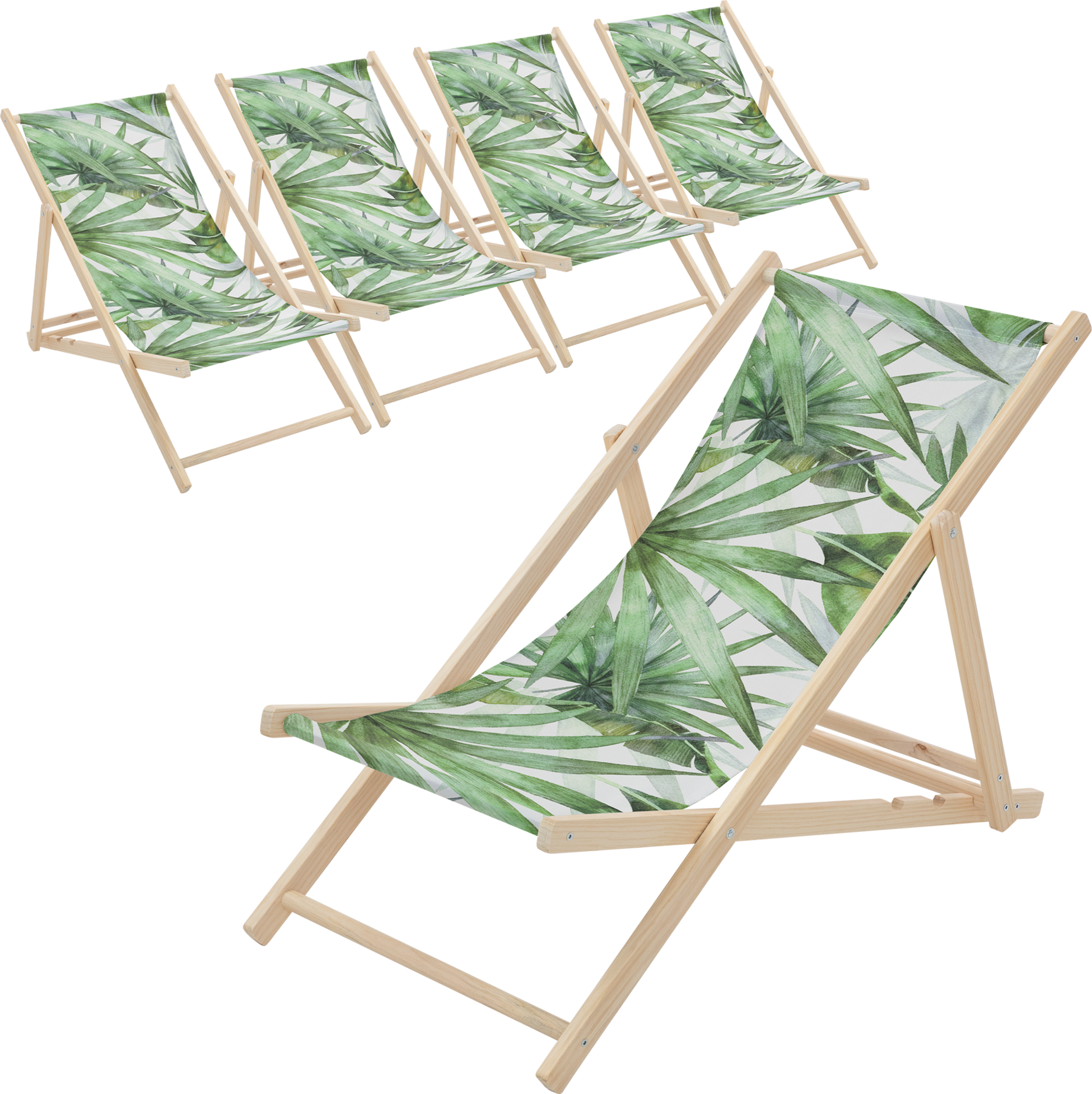 ECD GERMANY, Ecd Germany Set Of 5 Folding Deck Chair Palm Tree Green And White, Sunbed Wooden Beach Lounger