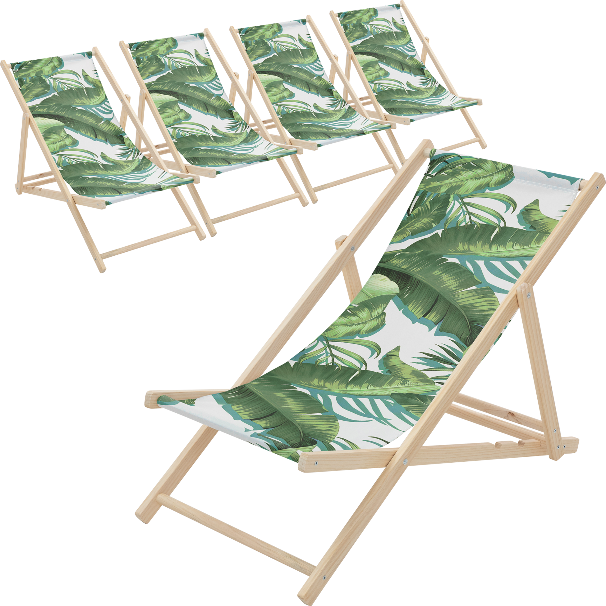 ECD GERMANY, Ecd Germany Set Of 5 Folding Deck Chair Tropical Green And White, Sunbed Wooden Beach Lounger