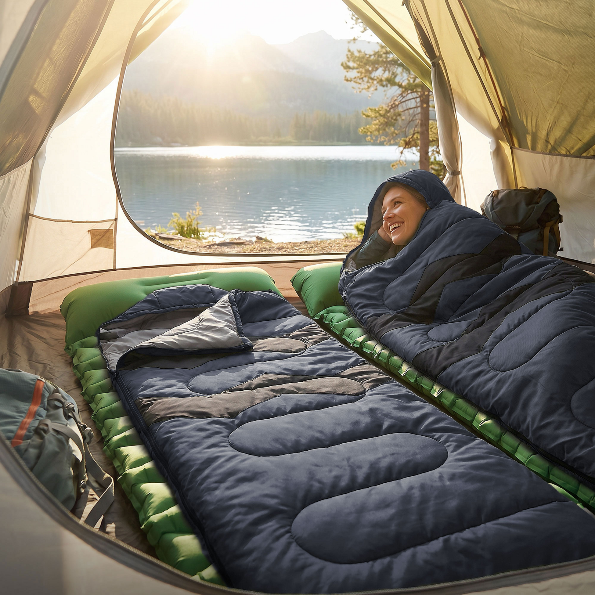 ECD GERMANY, Ecd Germany Sleeping Bag Adult For Camping 210cm, Blue Camping Lightweight Blanket, Warm 3 Season