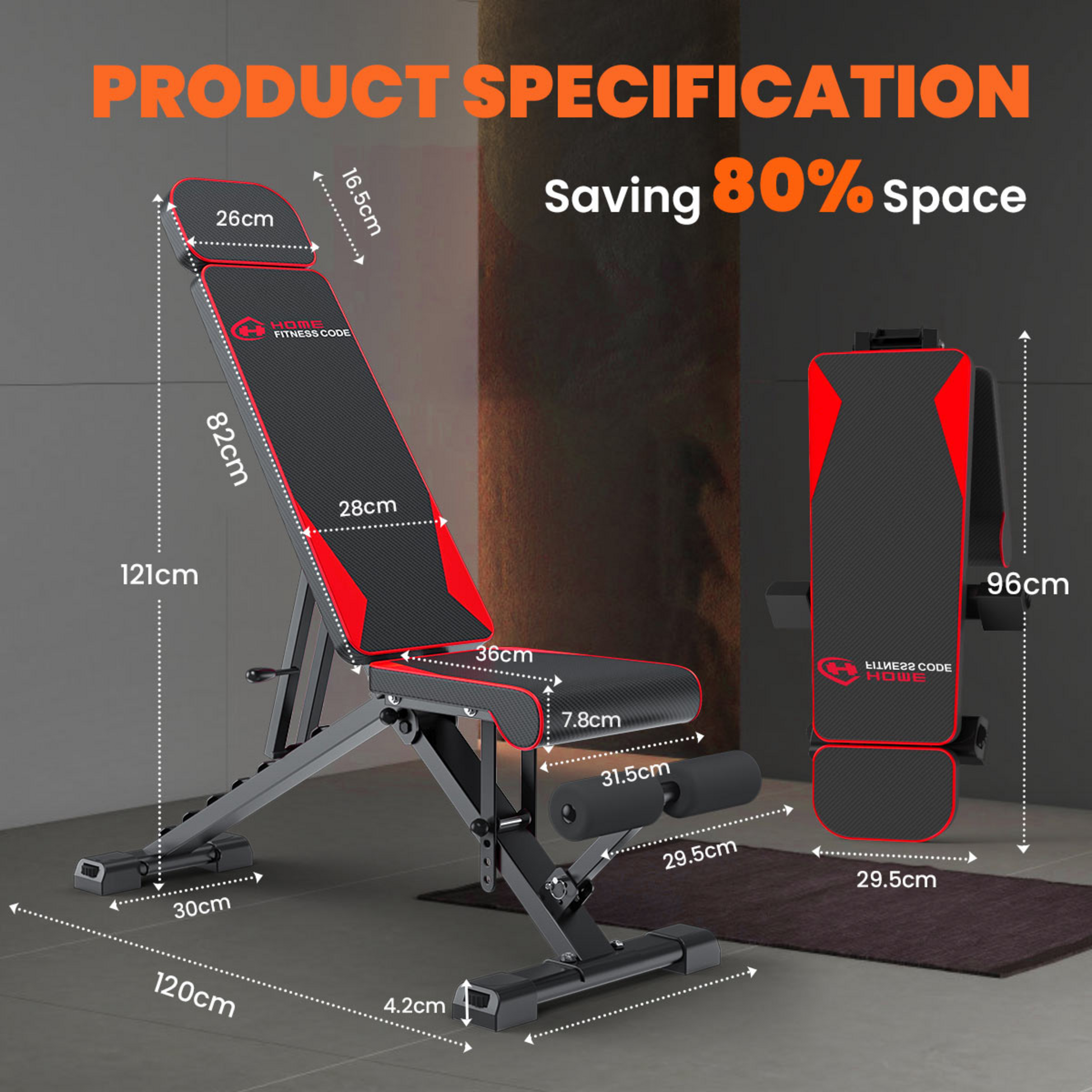 HOMEFITNESSCODE, Fällbar Träningsbänk 300kg – 8 Justerbara Lägen För Hemmaträning