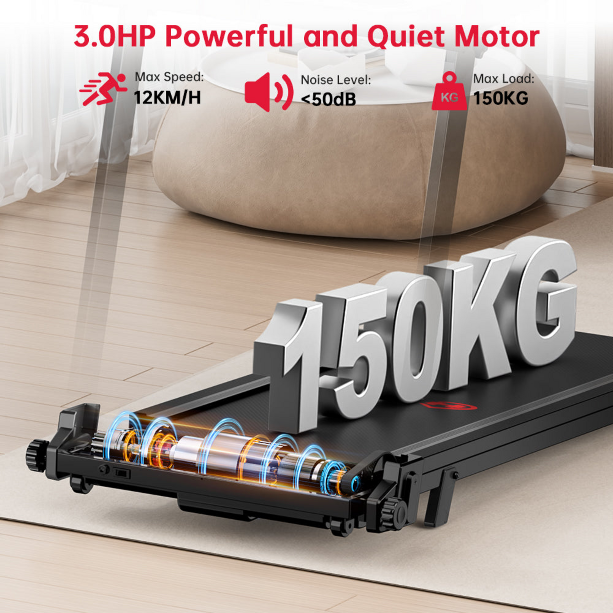 HOMEFITNESSCODE, Fällbart Löpband Q8, 1–12 Km/h, 3.0hp, 5% Lutning, 12 Program