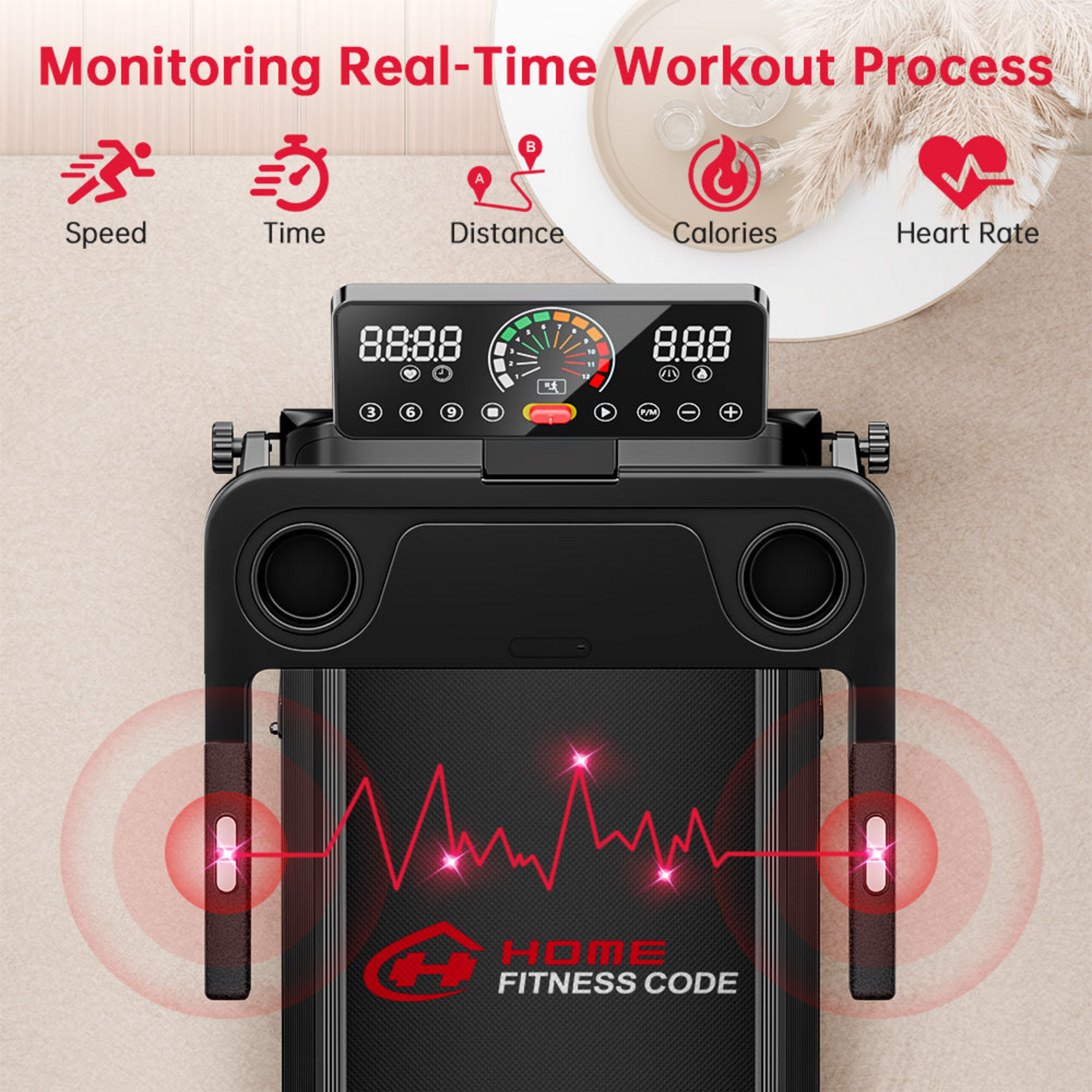 HOMEFITNESSCODE, Fällbart Löpband Q8, 1–12 Km/h, 3.0hp, 5% Lutning, 12 Program