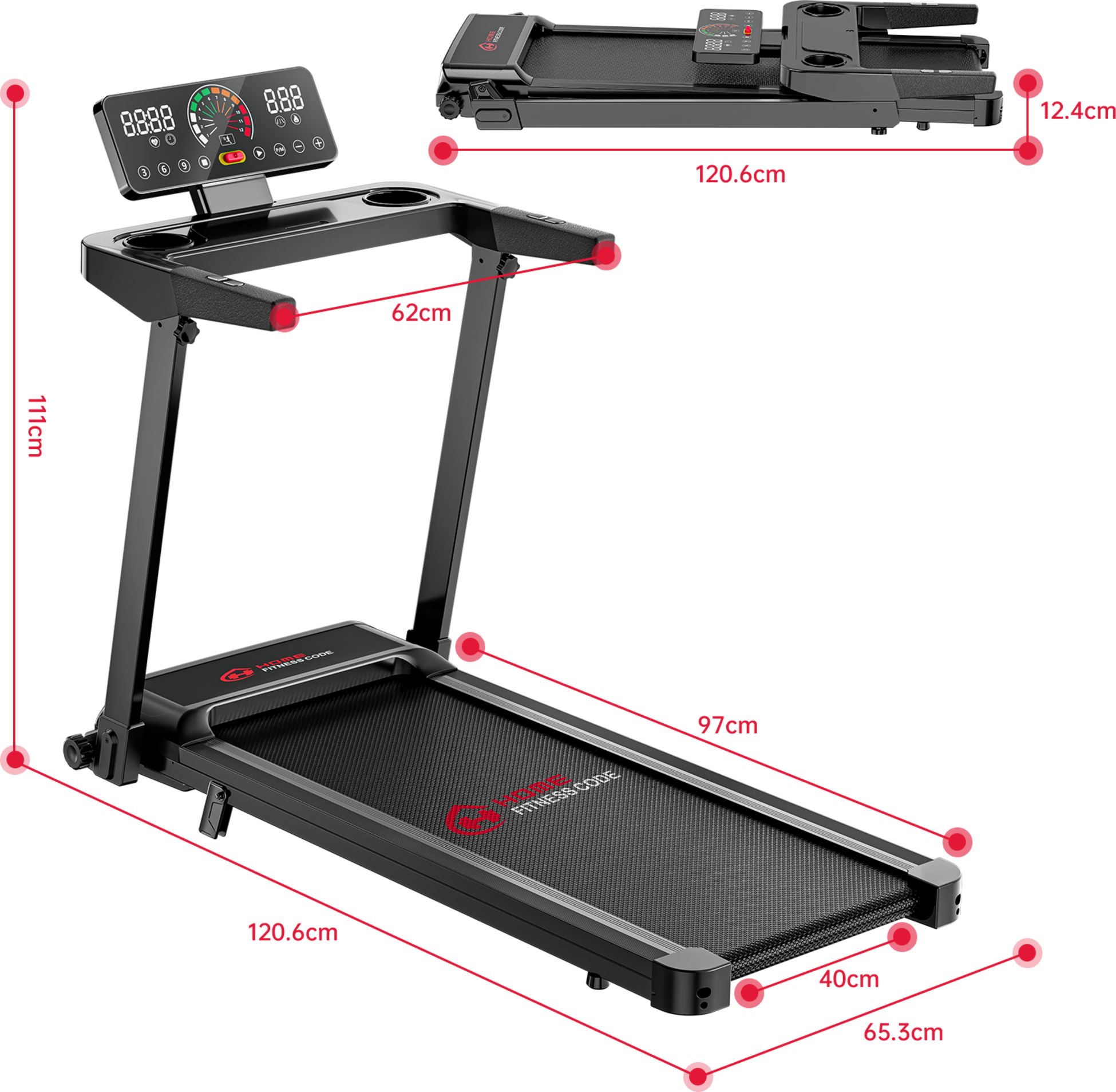 HOMEFITNESSCODE, Fällbart Löpband Q8, 1–12 Km/h, 3.0hp, 5% Lutning, 12 Program