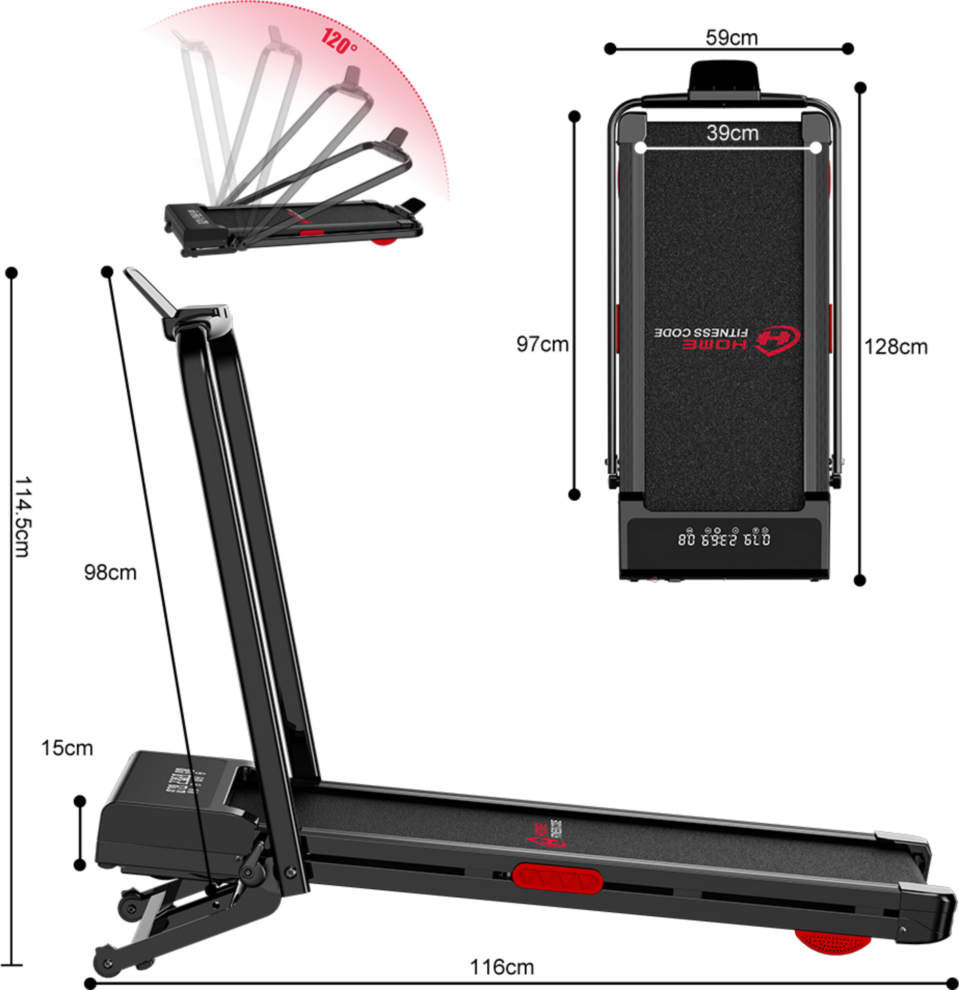 HOMEFITNESSCODE, F&auml;llbart L&ouml;pband Y3 Med 12 % Automatisk Lutning, Borstl&ouml;s Motor