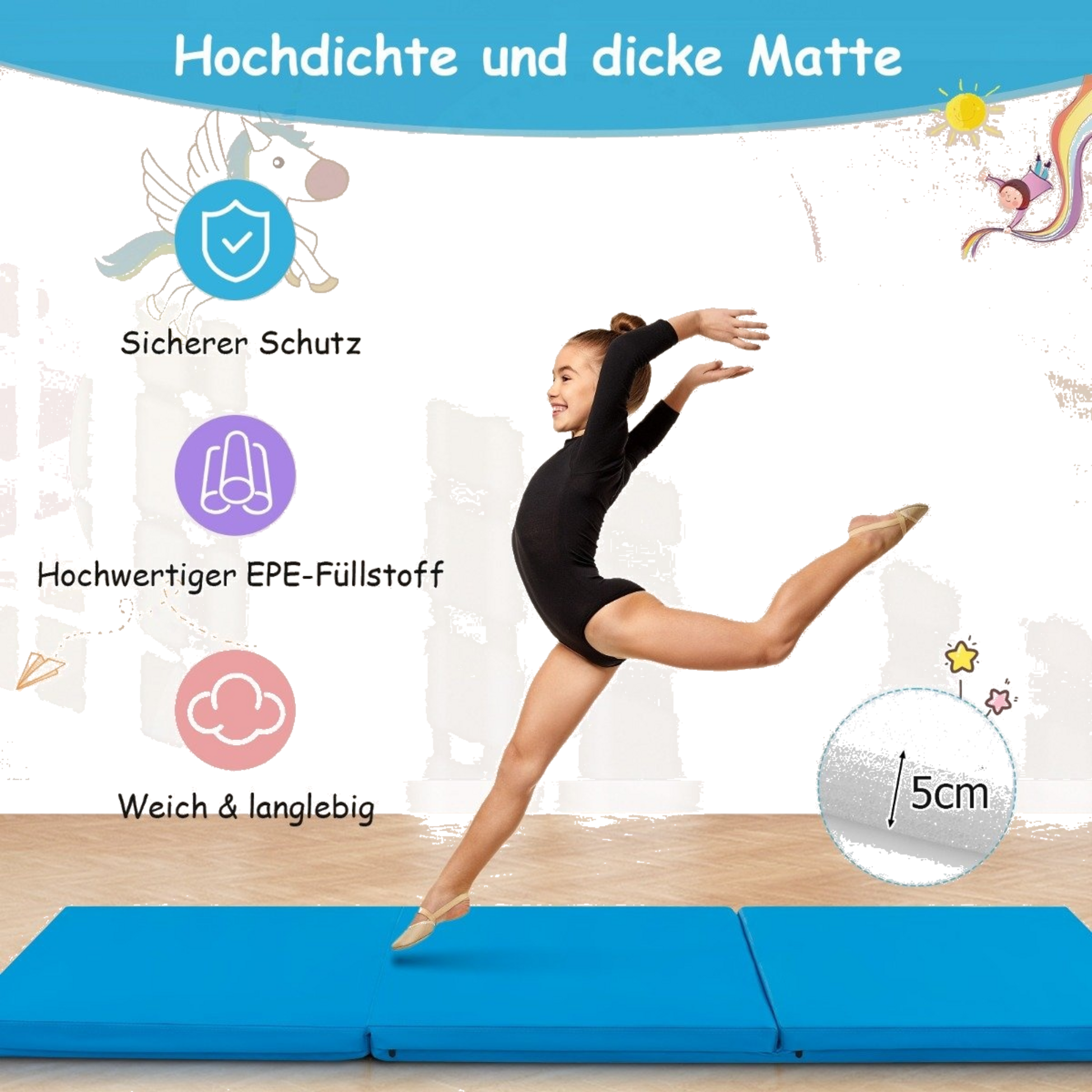 NORTHIX, Foldable Soft Floor Mat With 2 Handles Non-slip Gymnastics Mat 180 X 60 X 5 Cm Blue