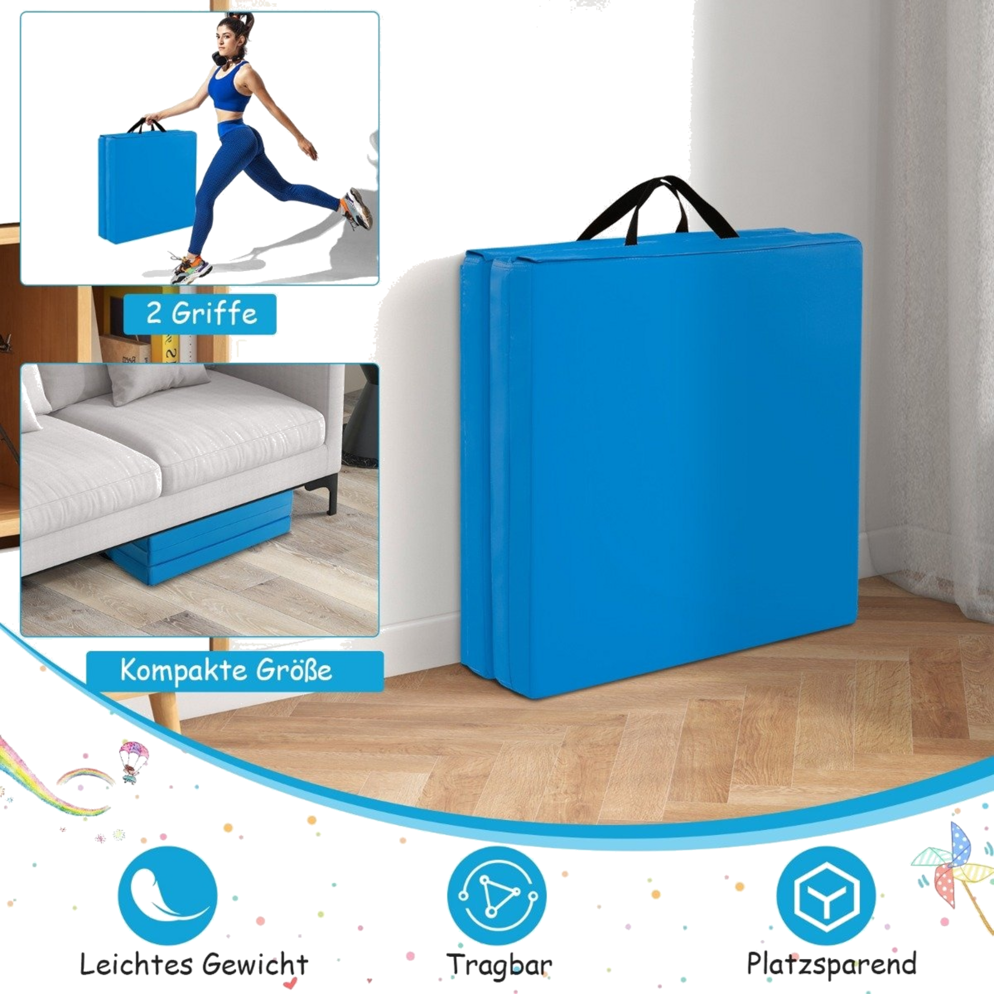 NORTHIX, Foldable Soft Floor Mat With 2 Handles Non-slip Gymnastics Mat 180 X 60 X 5 Cm Blue