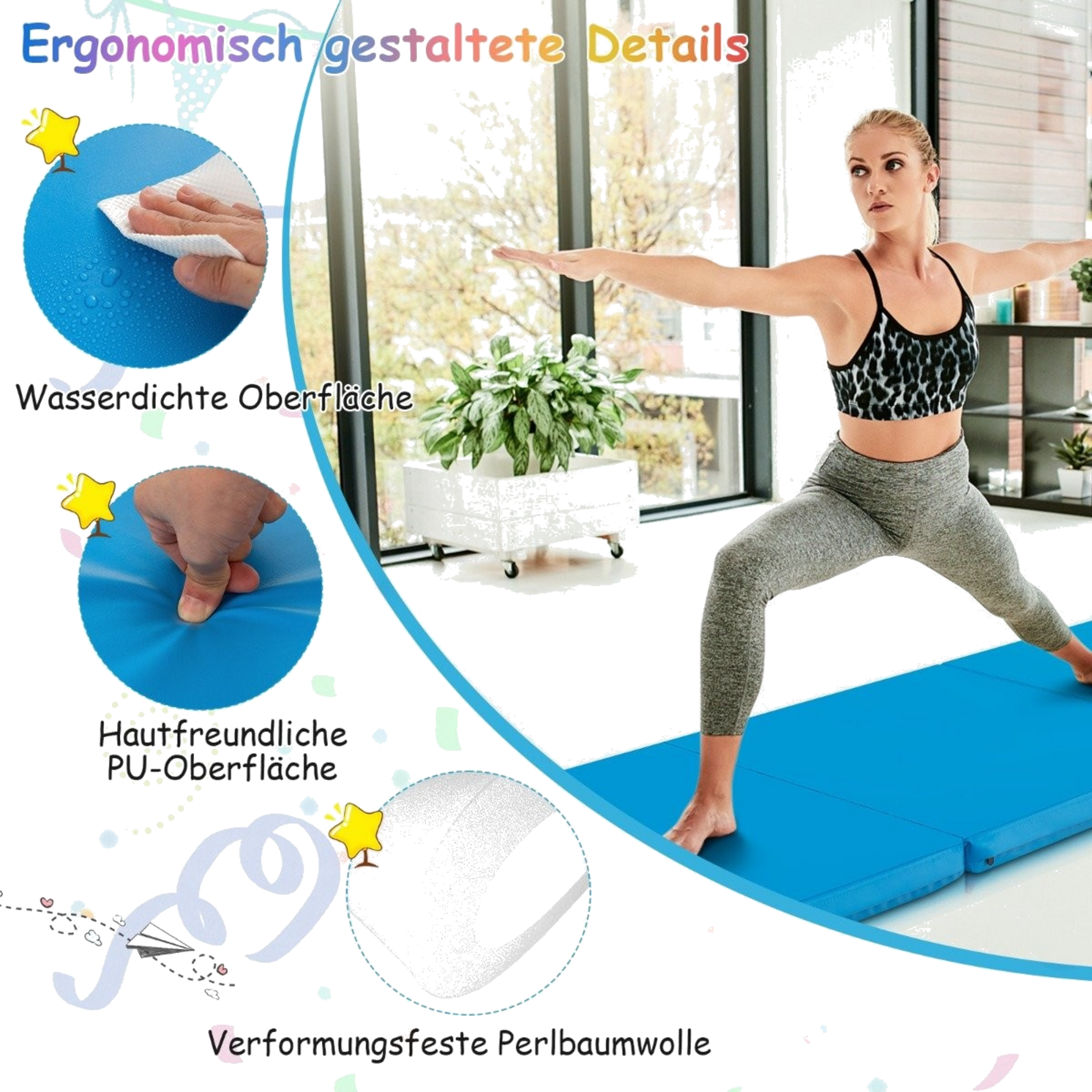 NORTHIX, Foldable Soft Floor Mat With 2 Handles Non-slip Gymnastics Mat 180 X 60 X 5 Cm Blue