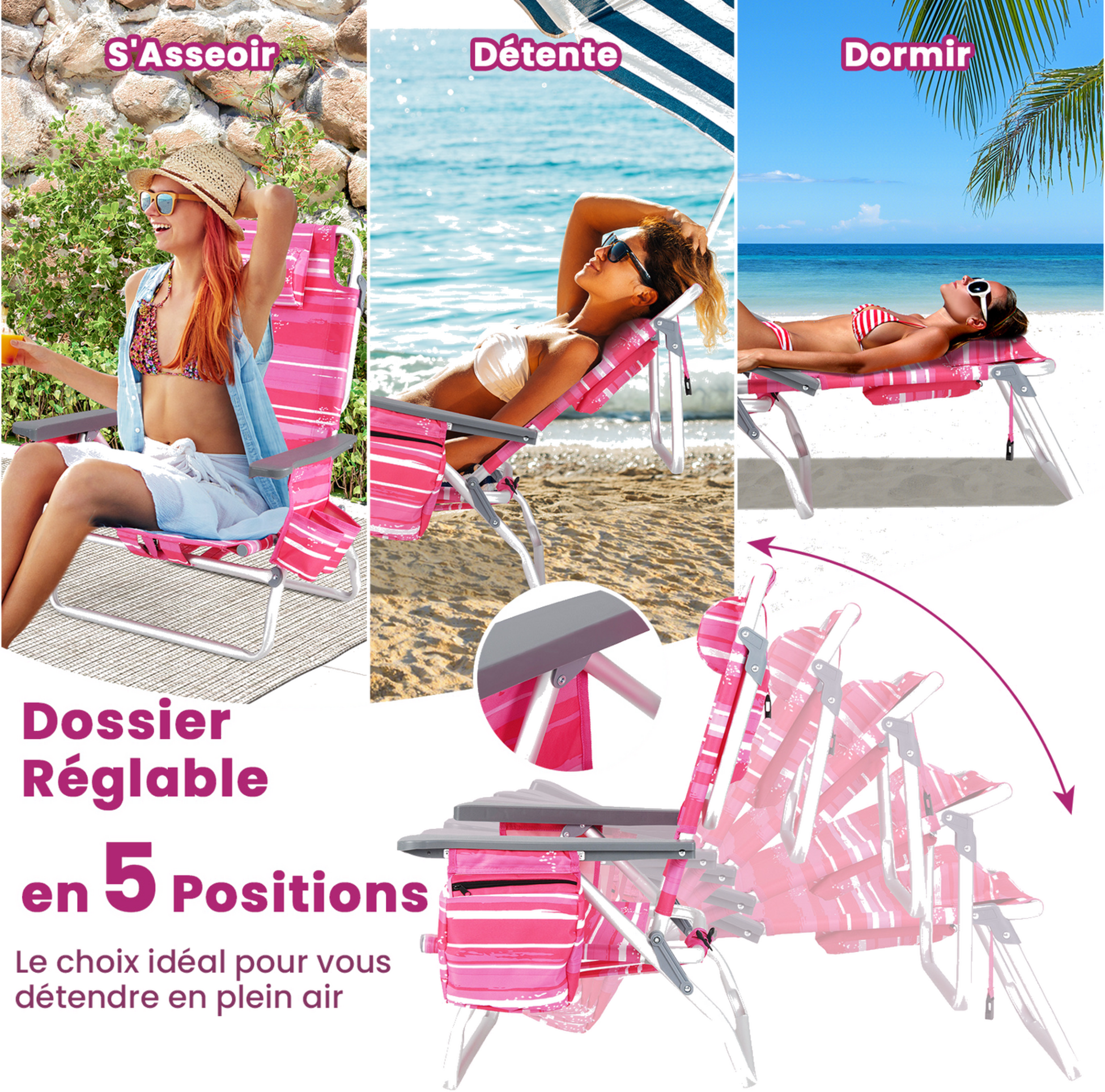 NORTHIX, Folding Beach Chair Set, 2 Chairs, Table, 5-position Backrest