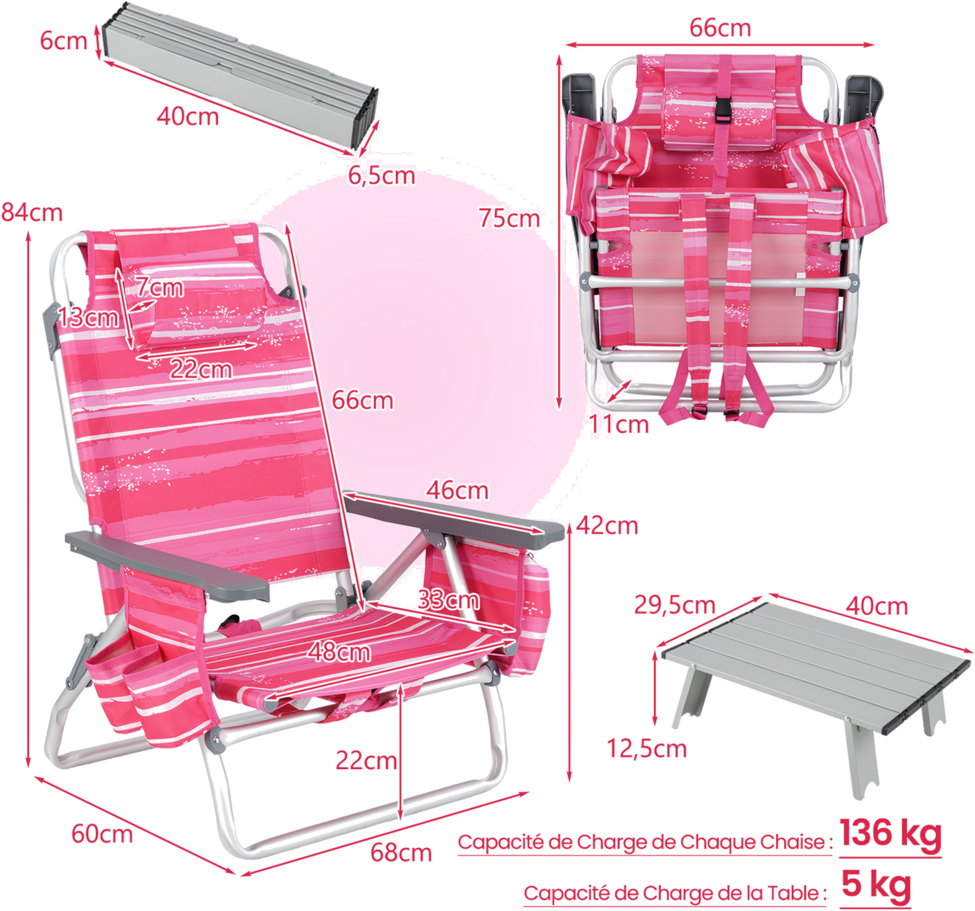 NORTHIX, Folding Beach Chair Set, 2 Chairs, Table, 5-position Backrest