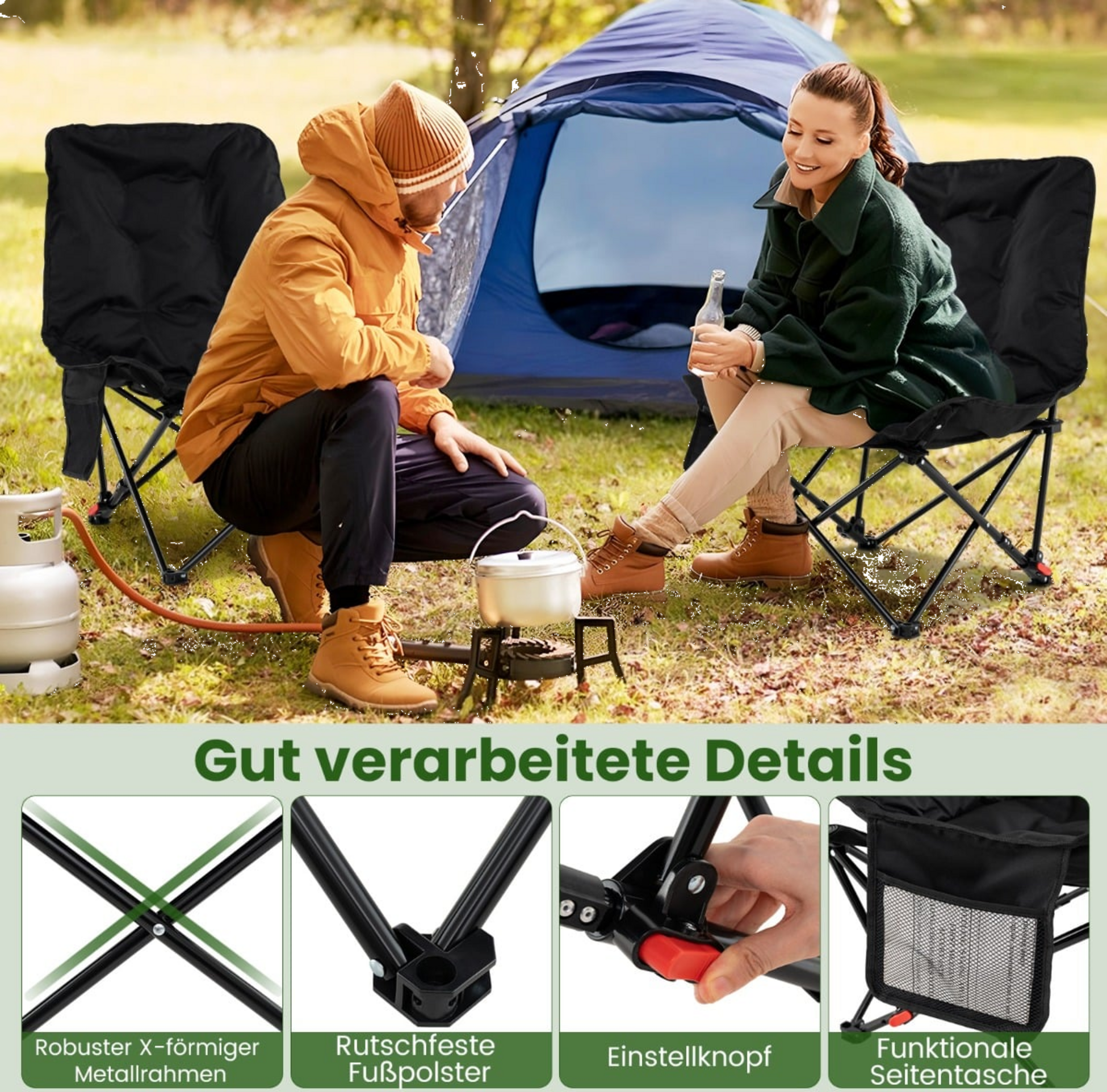 NORTHIX, Folding Camping Chair, Adjustable Backrest, Side Pocket