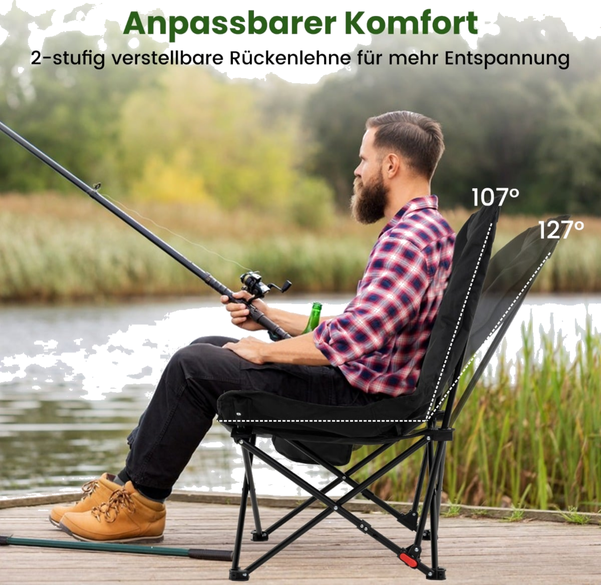 NORTHIX, Folding Camping Chair, Adjustable Backrest, Side Pocket