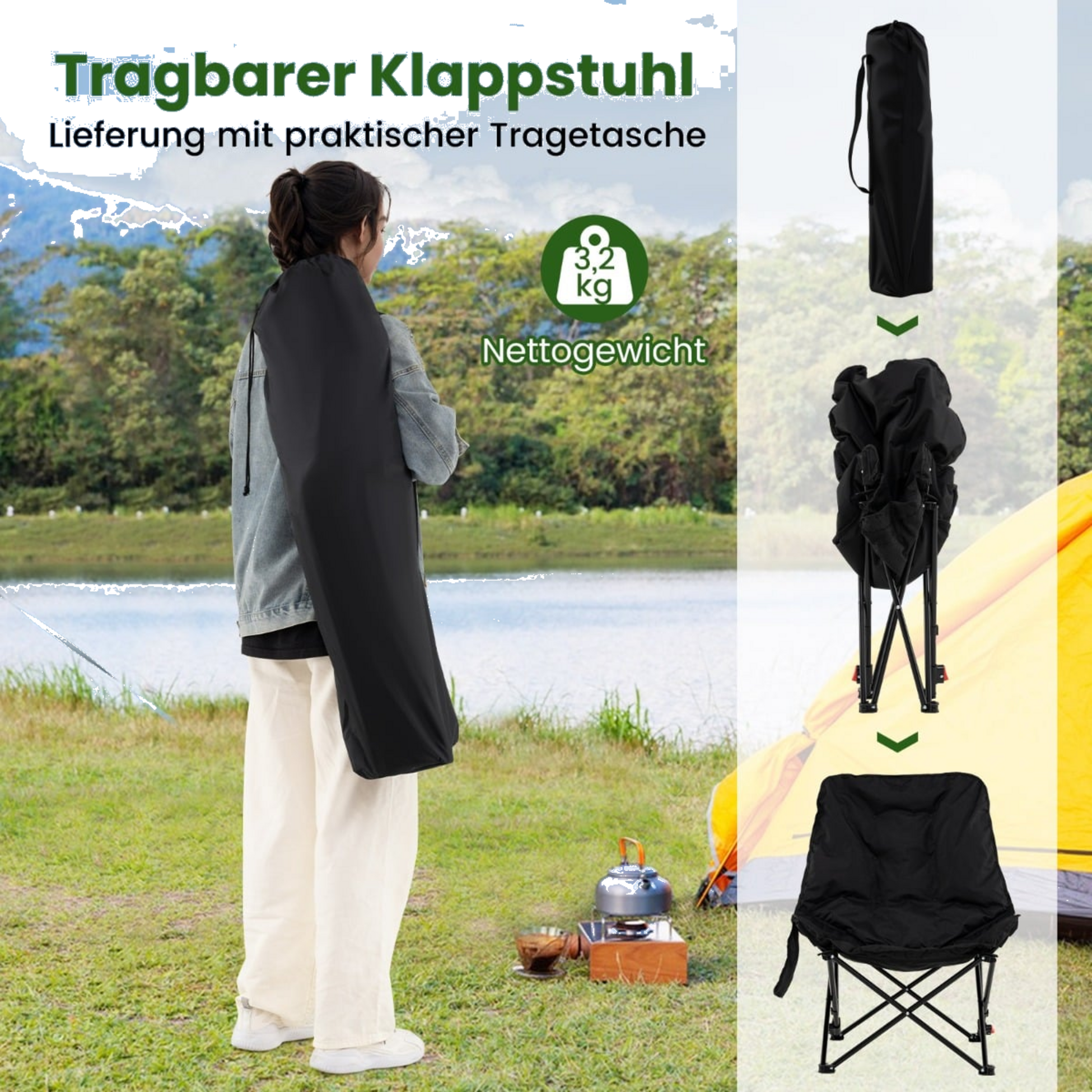 NORTHIX, Folding Camping Chair, Adjustable Backrest, Side Pocket