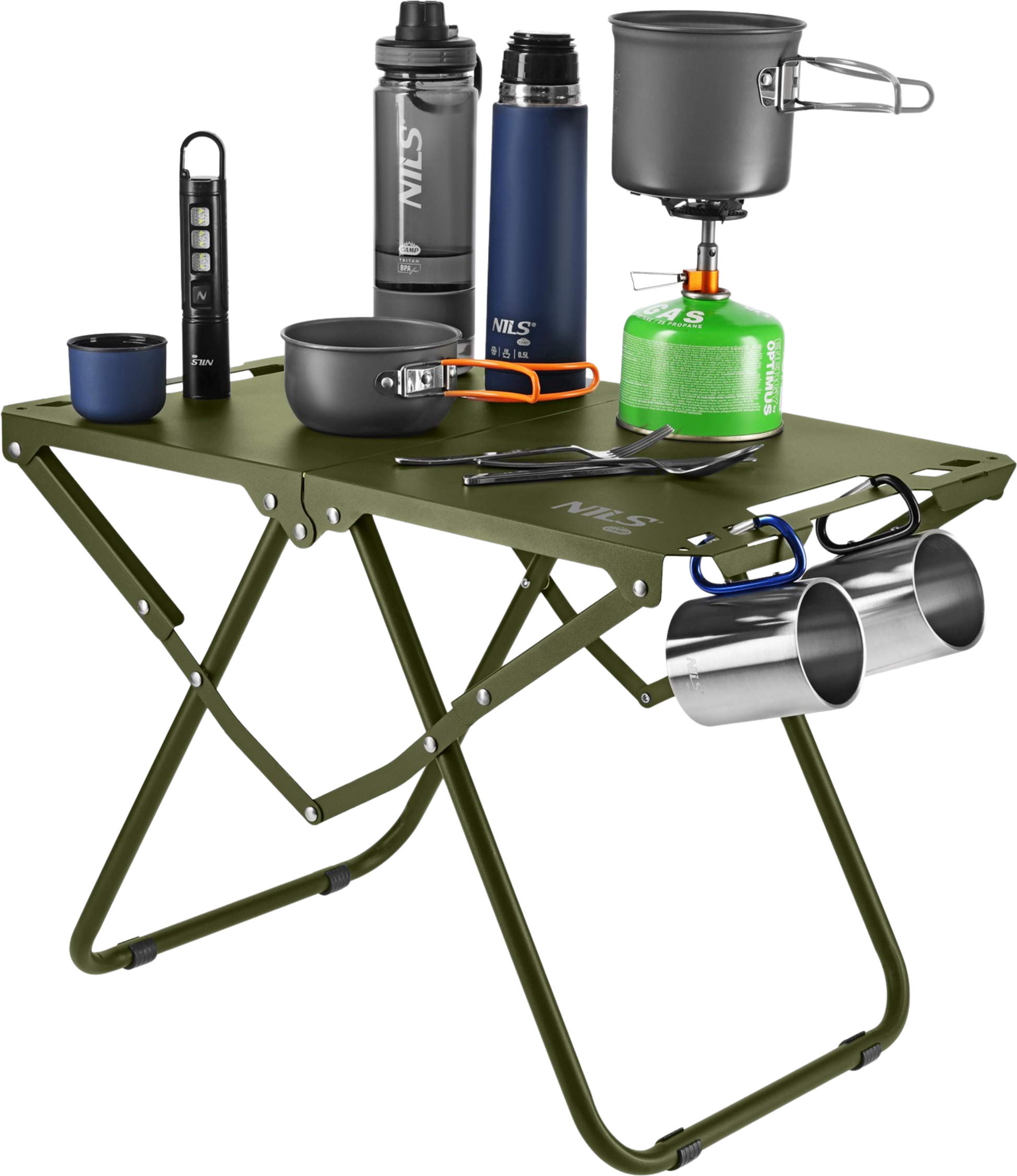 NORTHIX, Folding Camping Table, Green, Steel Frame, Carry Cover