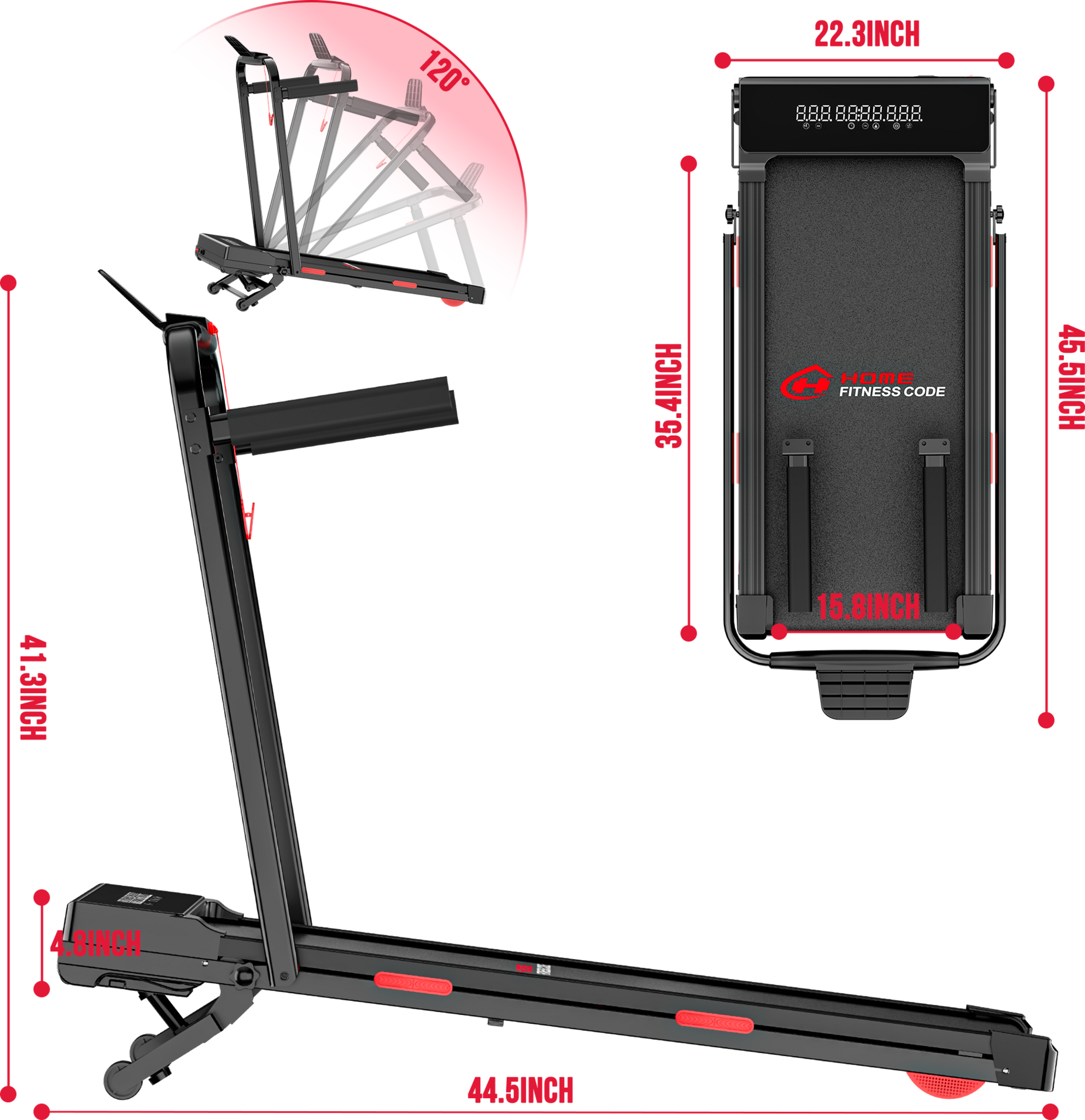 HOMEFITNESSCODE, Folding Treadmill Y5 With Brushless Motor, 0%-15% Automatic Incline(with Mat)