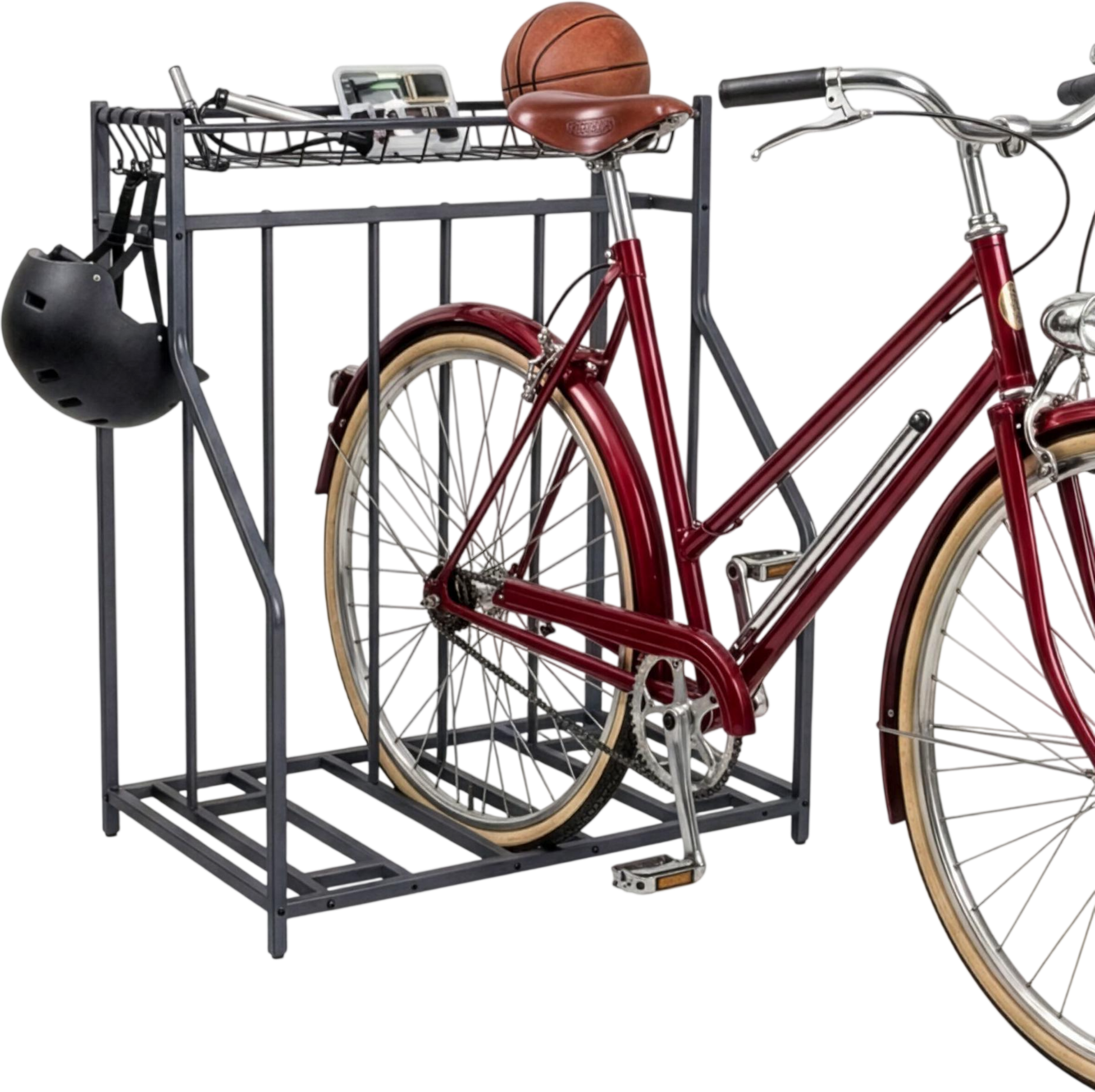 NORTHIX, Freestanding Bike Rack, Basket And 6 Hooks, Adjustable Slots