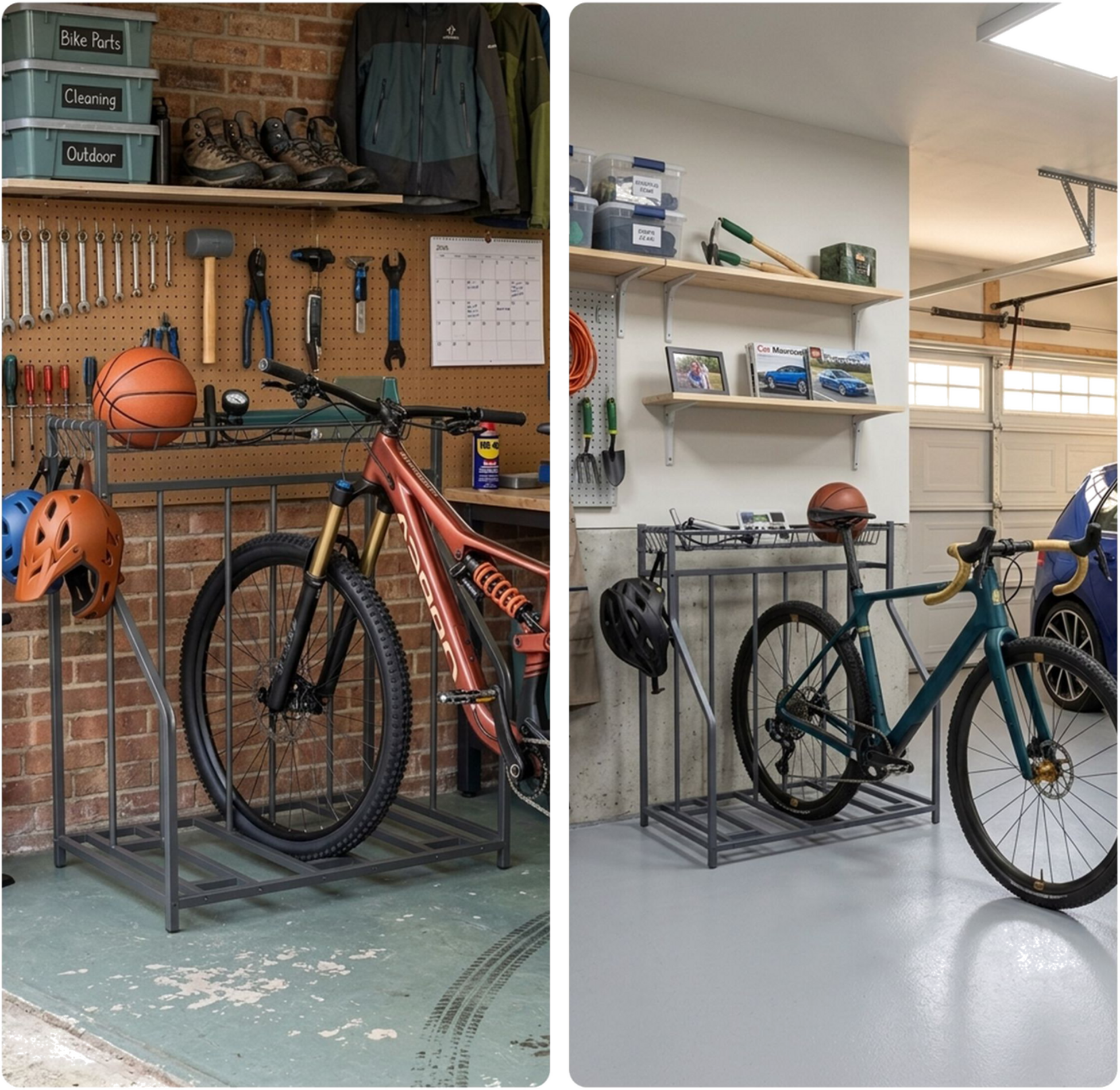 NORTHIX, Freestanding Bike Rack, Basket And 6 Hooks, Adjustable Slots