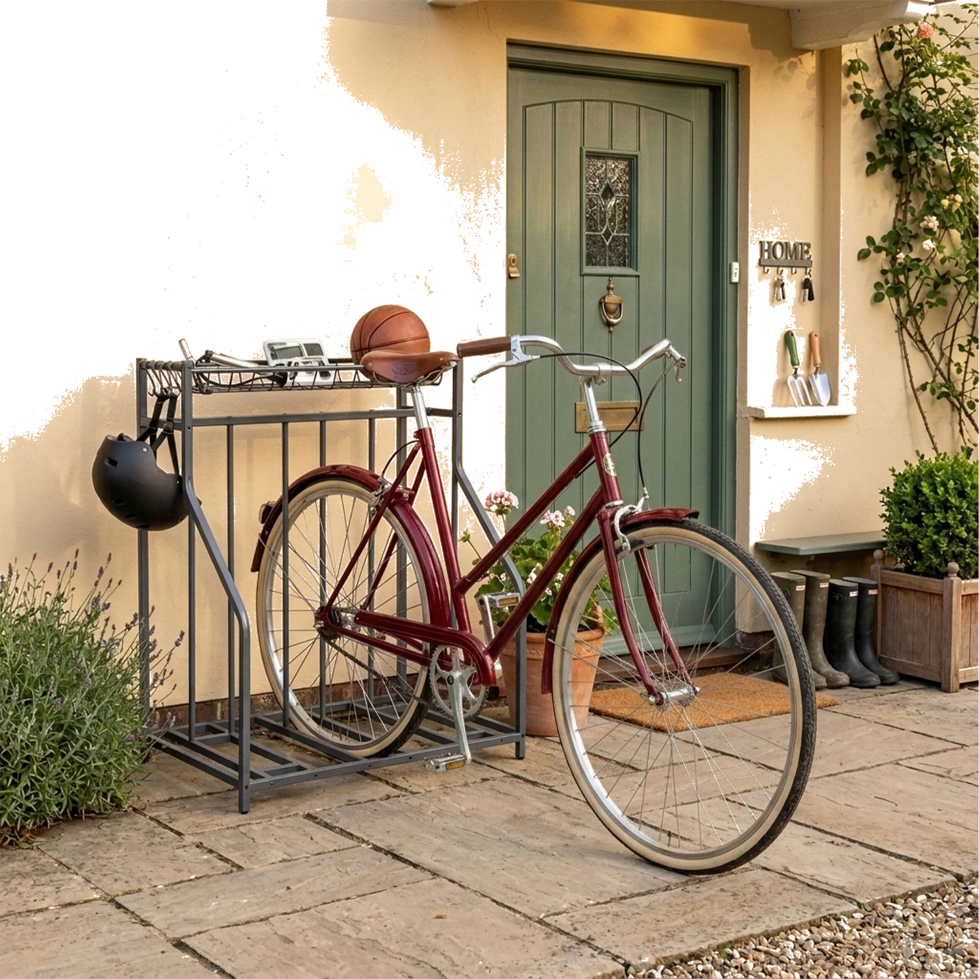 NORTHIX, Freestanding Bike Rack, Basket And 6 Hooks, Adjustable Slots
