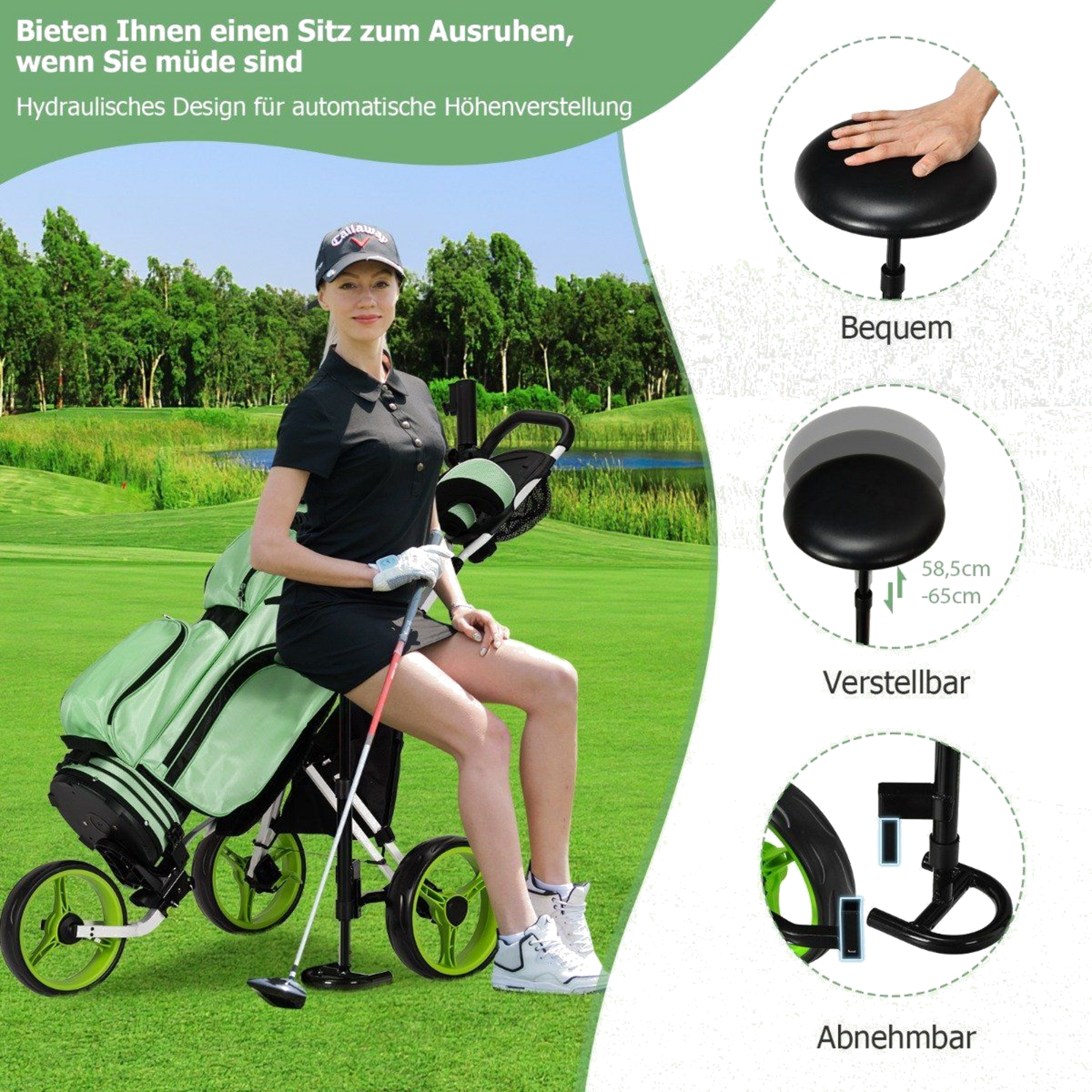 NORTHIX, Green 3 Wheel Golf Cart With Folding Seat  Umbrella Holder