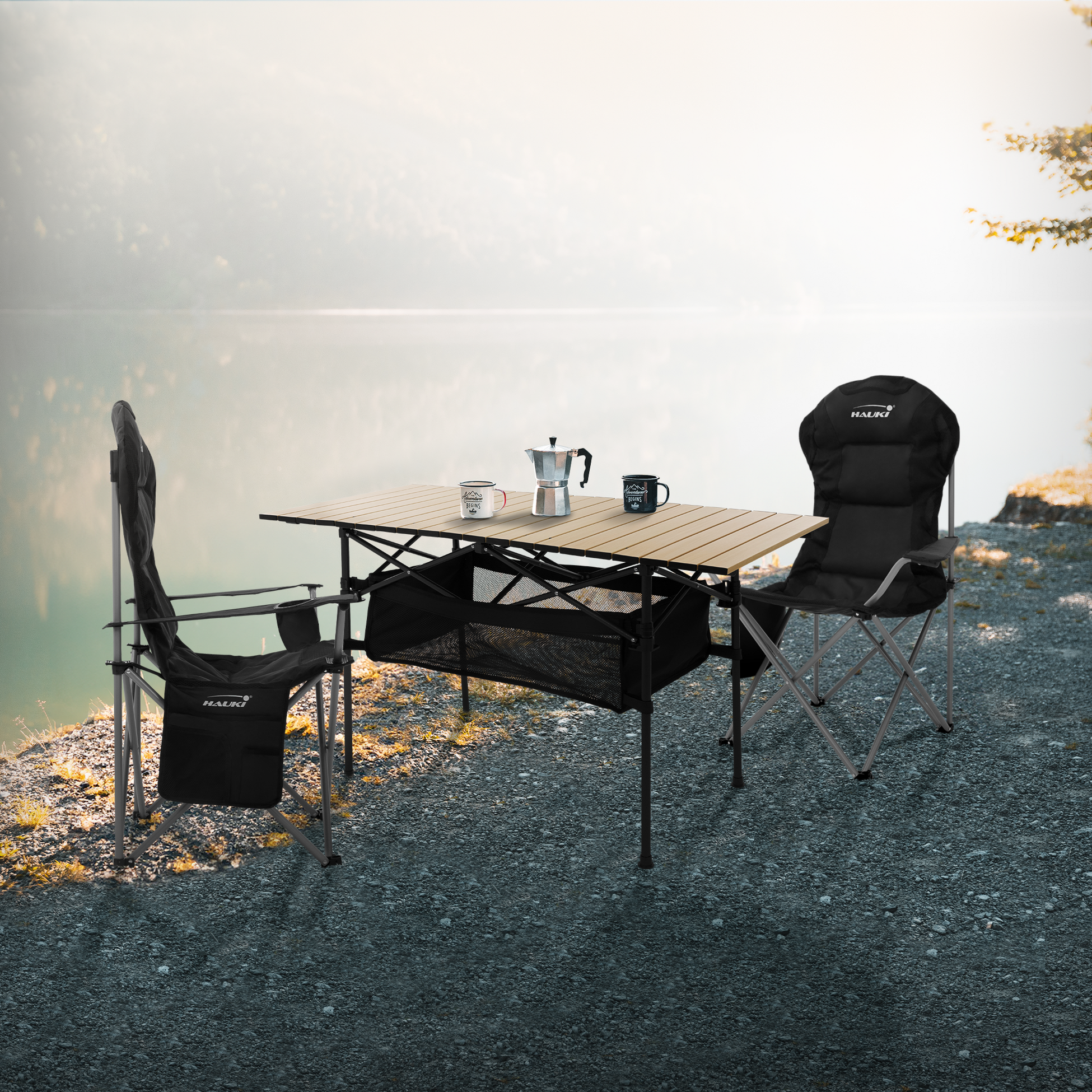 HAUKI, Hauki Camping Furniture Set 3 Piece Folding Table Beige With Two Black Camping Chairs Portable