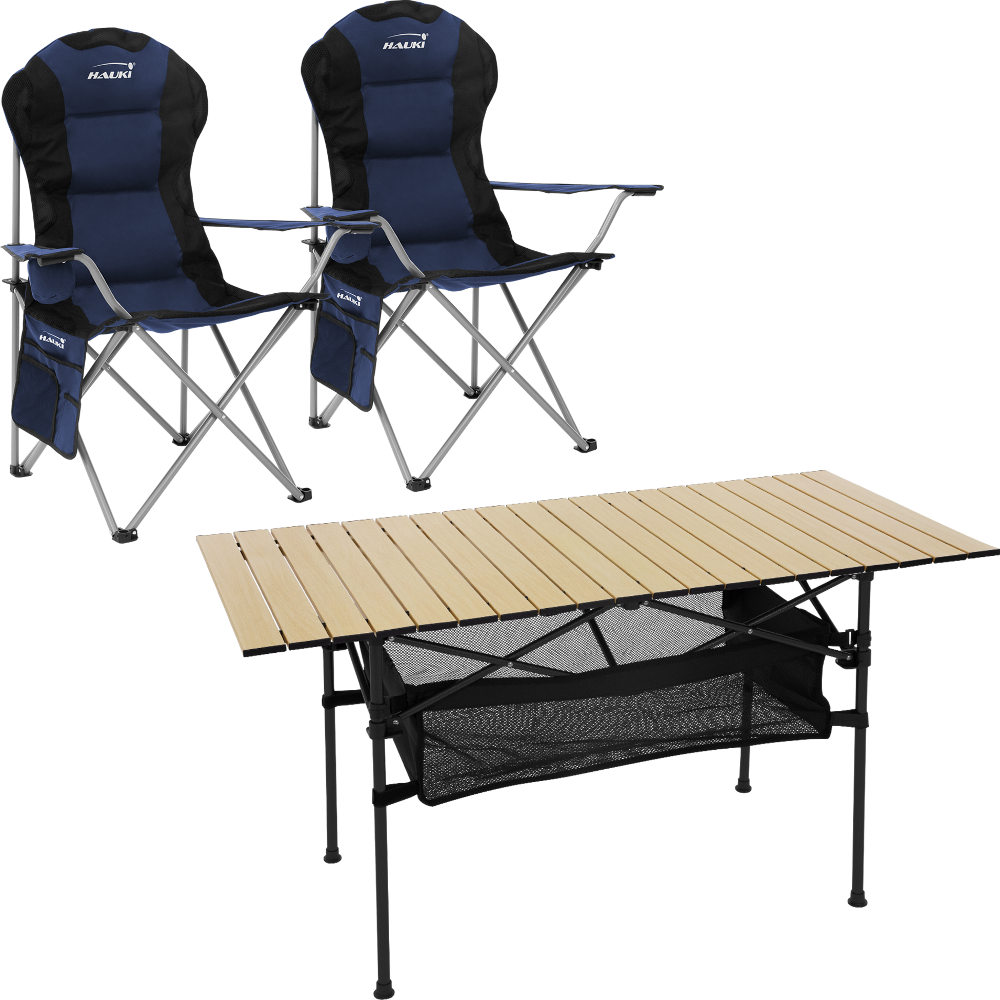 HAUKI, Hauki Camping Furniture Set 3 Piece Folding Table Beige With Two Blue Camping Chairs Portable