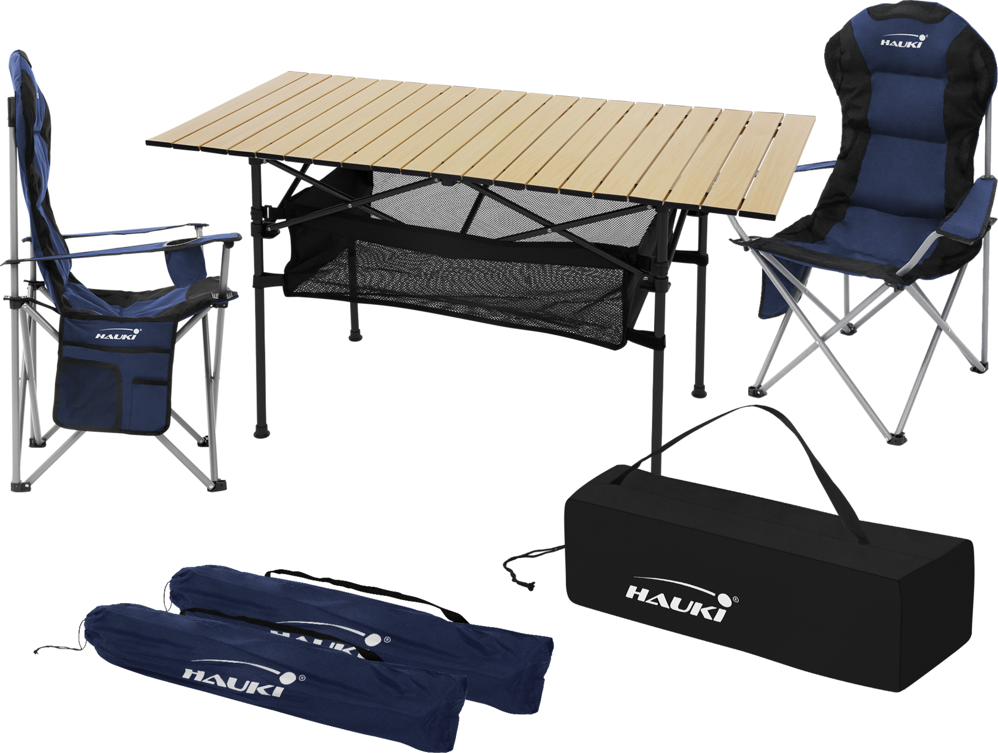 HAUKI, Hauki Camping Furniture Set 3 Piece Folding Table Beige With Two Blue Camping Chairs Portable