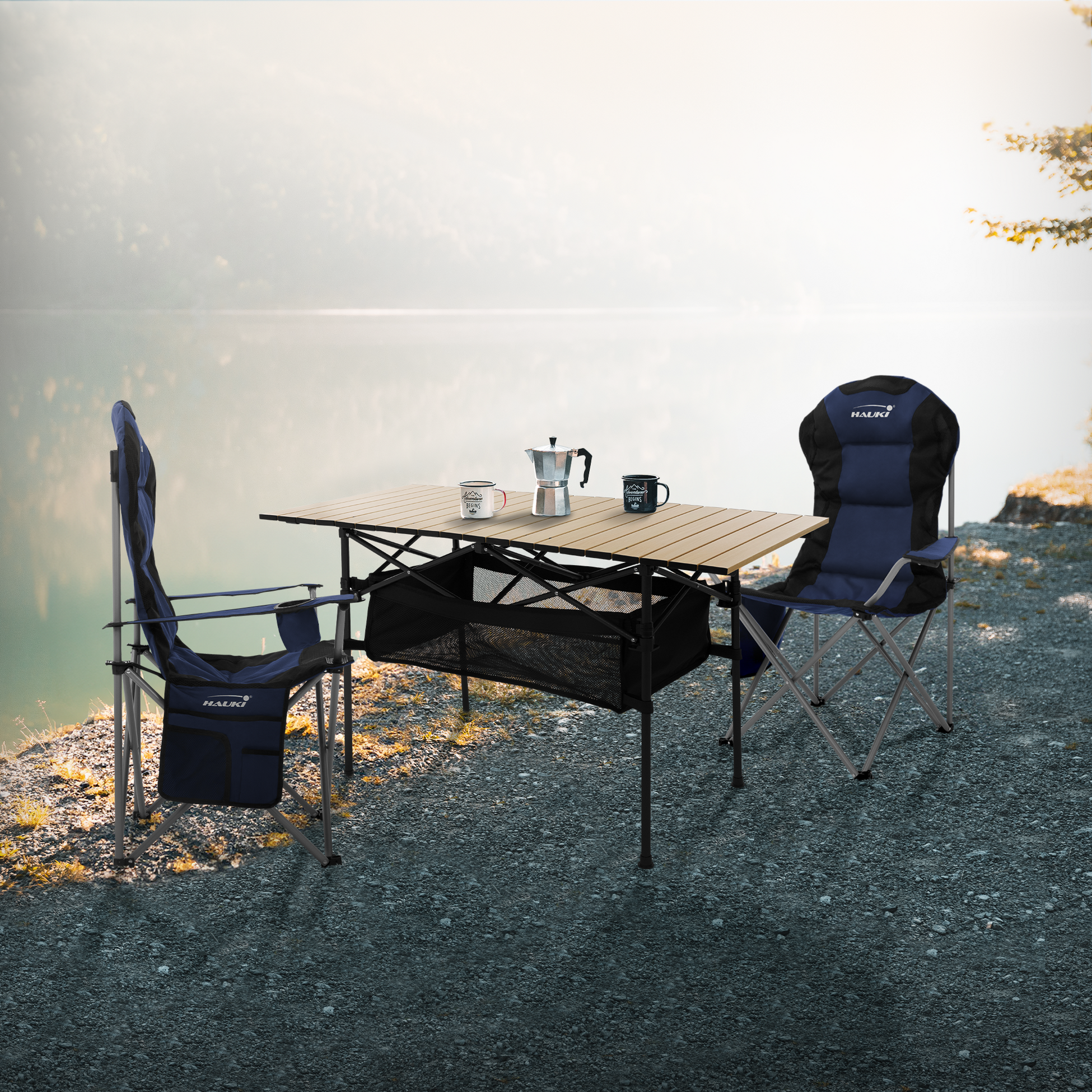 HAUKI, Hauki Camping Furniture Set 3 Piece Folding Table Beige With Two Blue Camping Chairs Portable