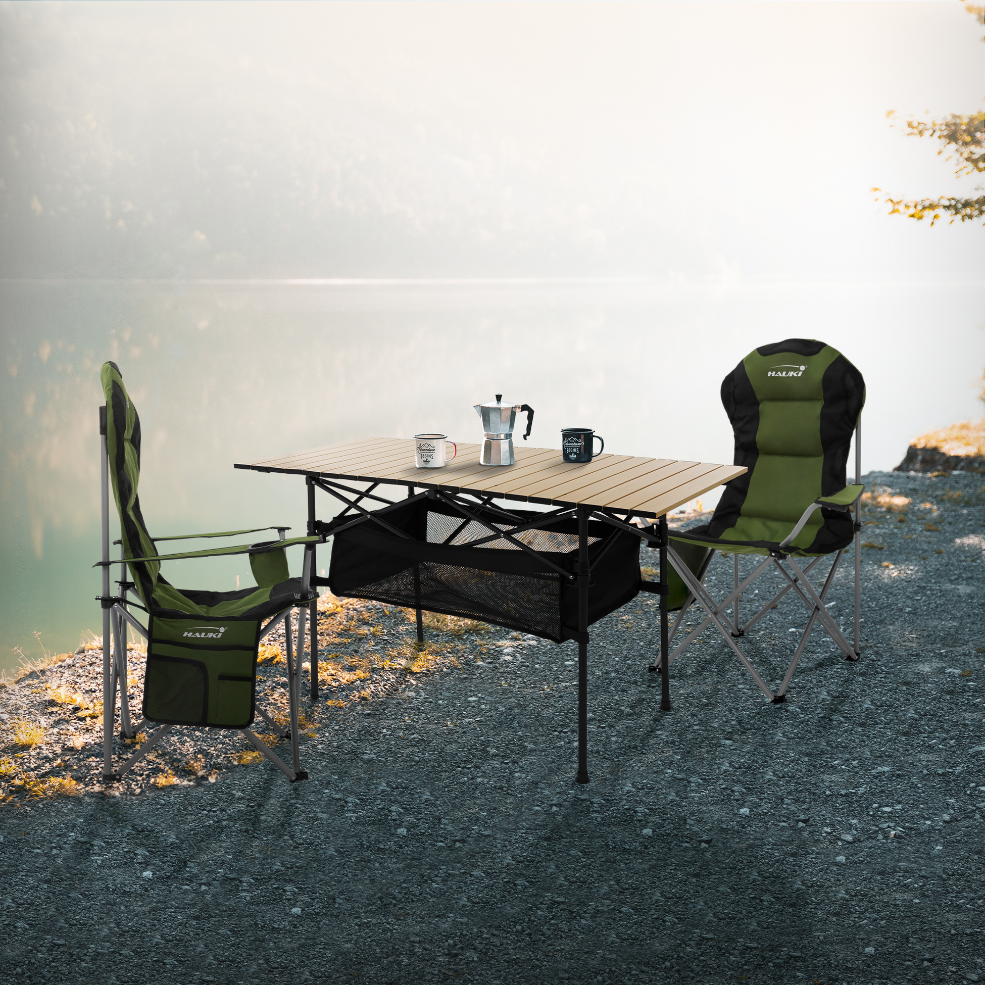 HAUKI, Hauki Camping Furniture Set 3 Piece Folding Table Beige With Two Khaki Camping Chairs Portable