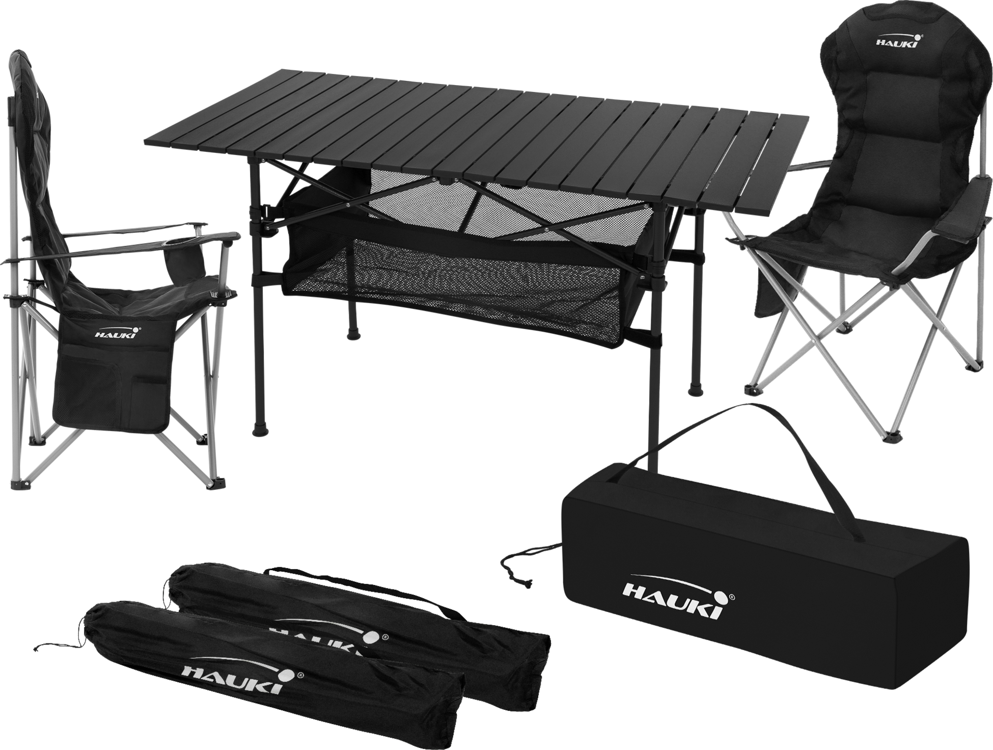 HAUKI, Hauki Camping Furniture Set 3 Piece Folding Table Black With Two Black Camping Chairs Portable