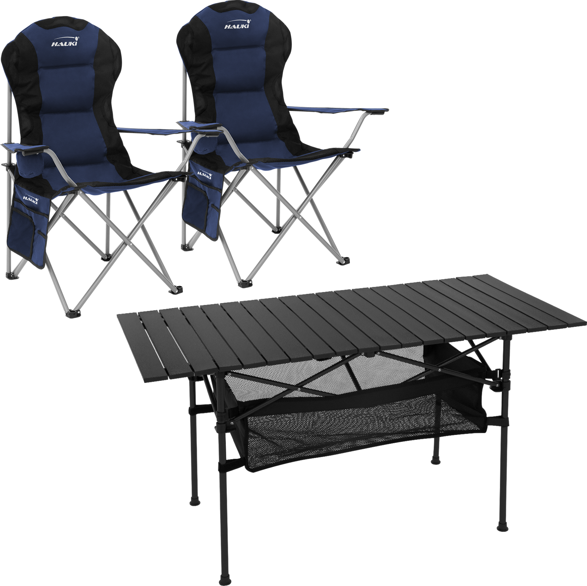 HAUKI, Hauki Camping Furniture Set 3 Piece Folding Table Black With Two Blue Camping Chairs Portable