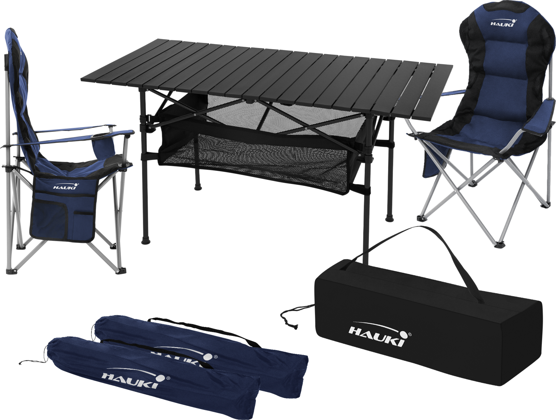 HAUKI, Hauki Camping Furniture Set 3 Piece Folding Table Black With Two Blue Camping Chairs Portable