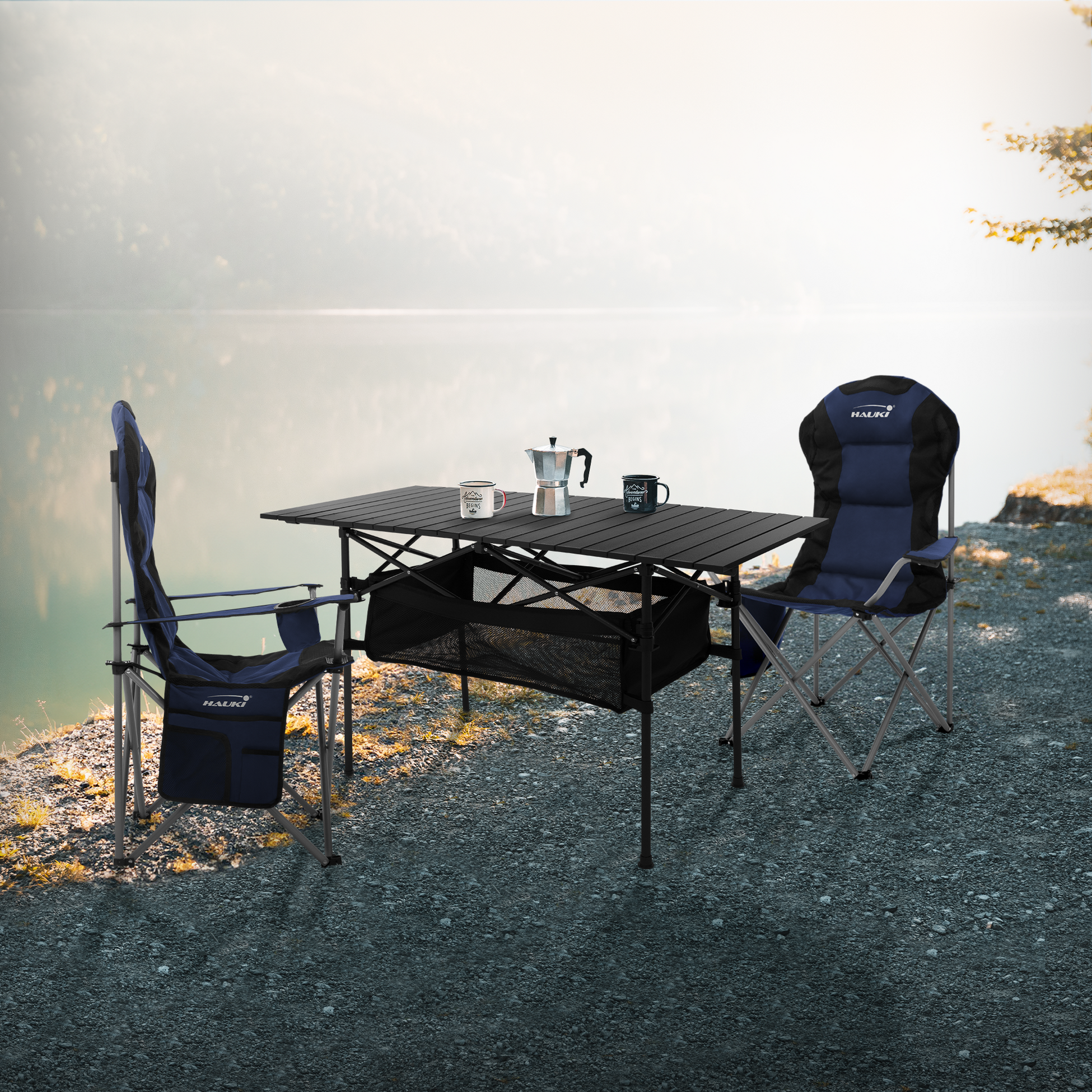 HAUKI, Hauki Camping Furniture Set 3 Piece Folding Table Black With Two Blue Camping Chairs Portable