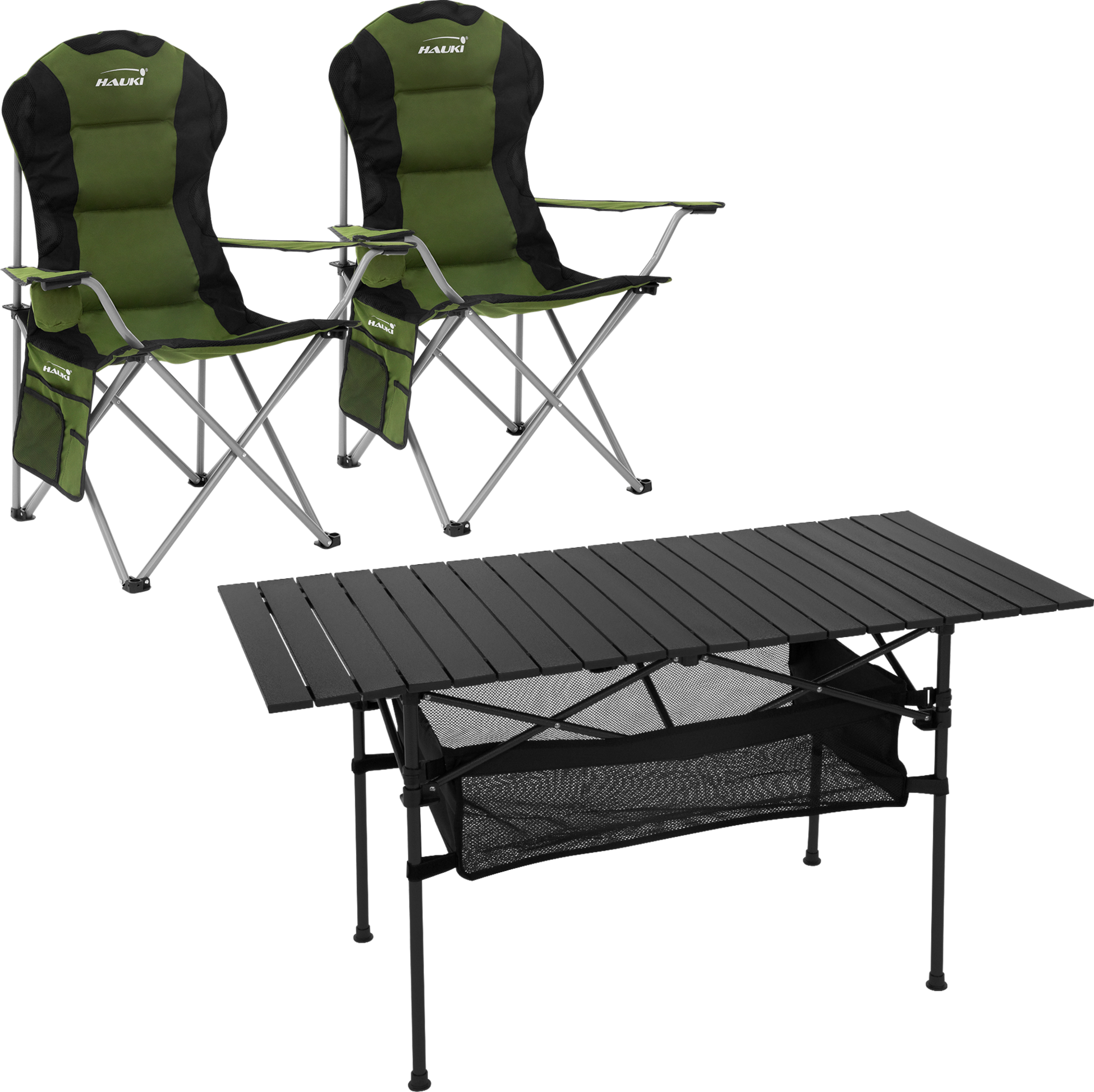 HAUKI, Hauki Camping Furniture Set 3 Piece Folding Table Black With Two Khaki Camping Chairs Portable