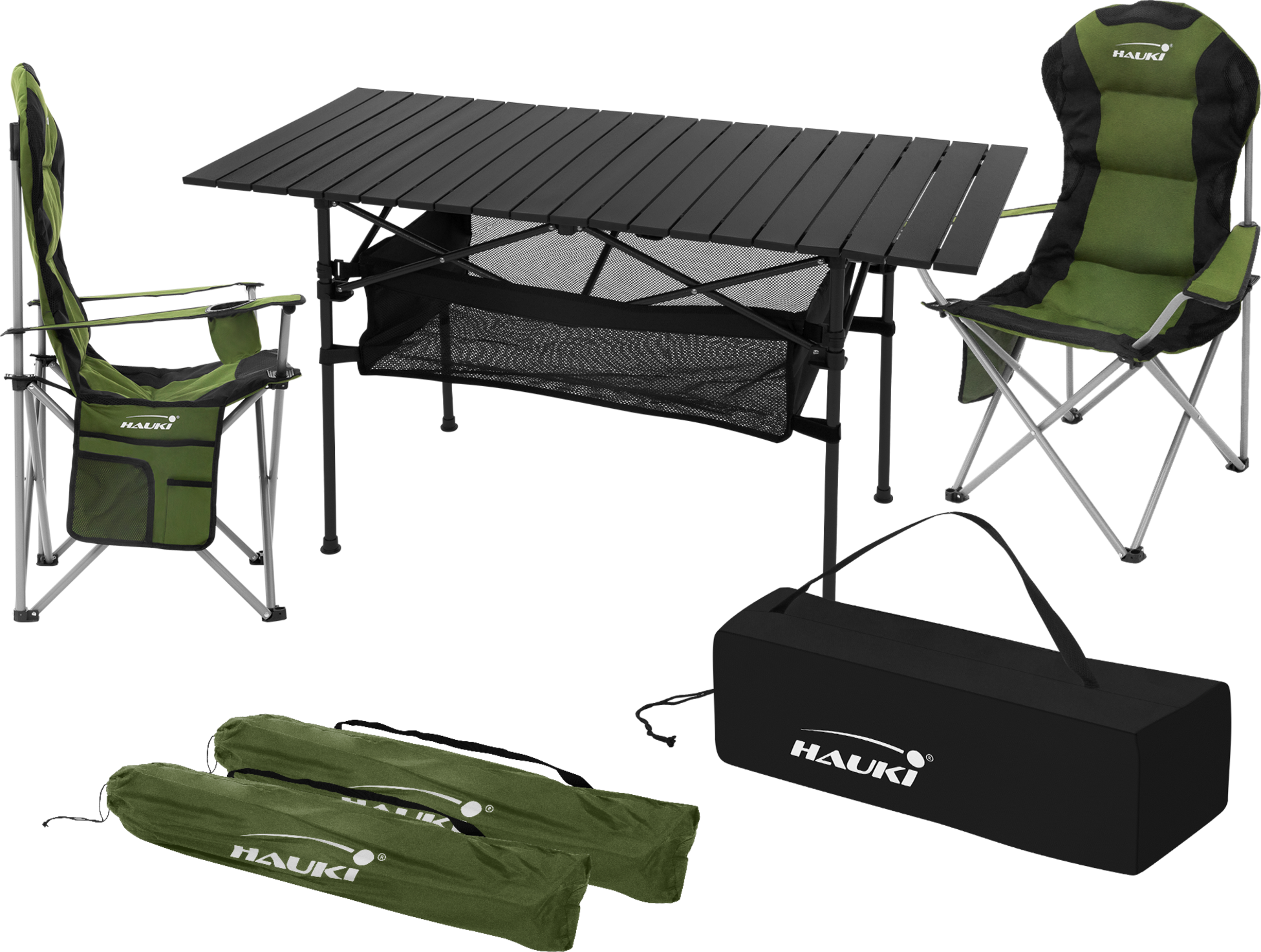 HAUKI, Hauki Camping Furniture Set 3 Piece Folding Table Black With Two Khaki Camping Chairs Portable