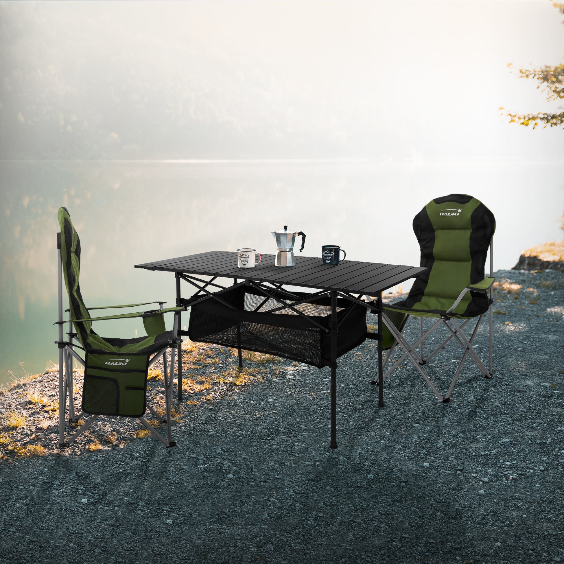 HAUKI, Hauki Camping Furniture Set 3 Piece Folding Table Black With Two Khaki Camping Chairs Portable