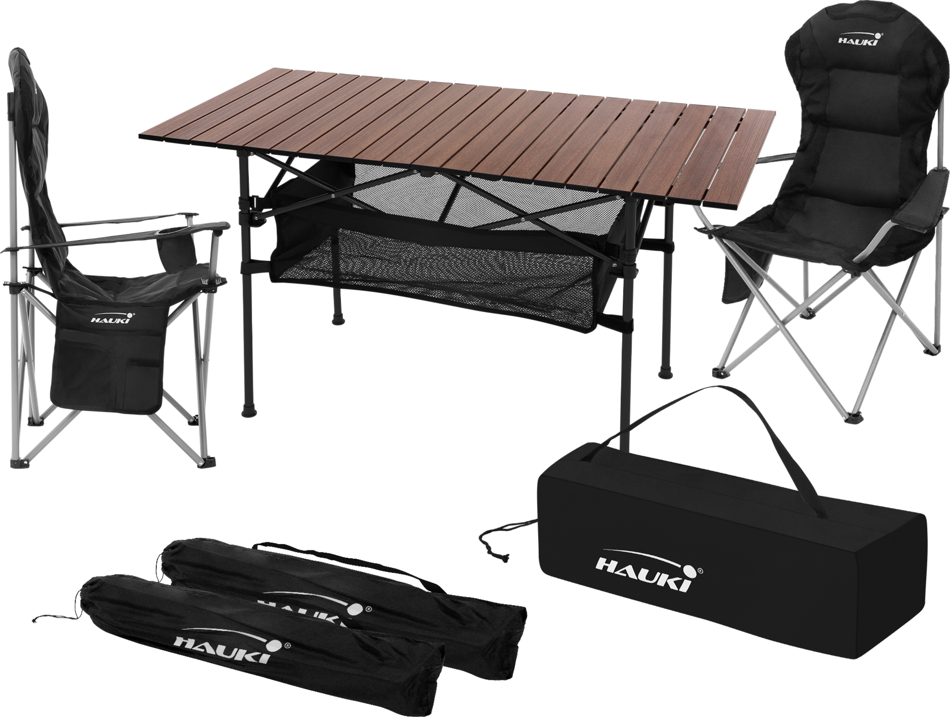HAUKI, Hauki Camping Furniture Set 3 Piece Folding Table Brown With Two Black Camping Chairs