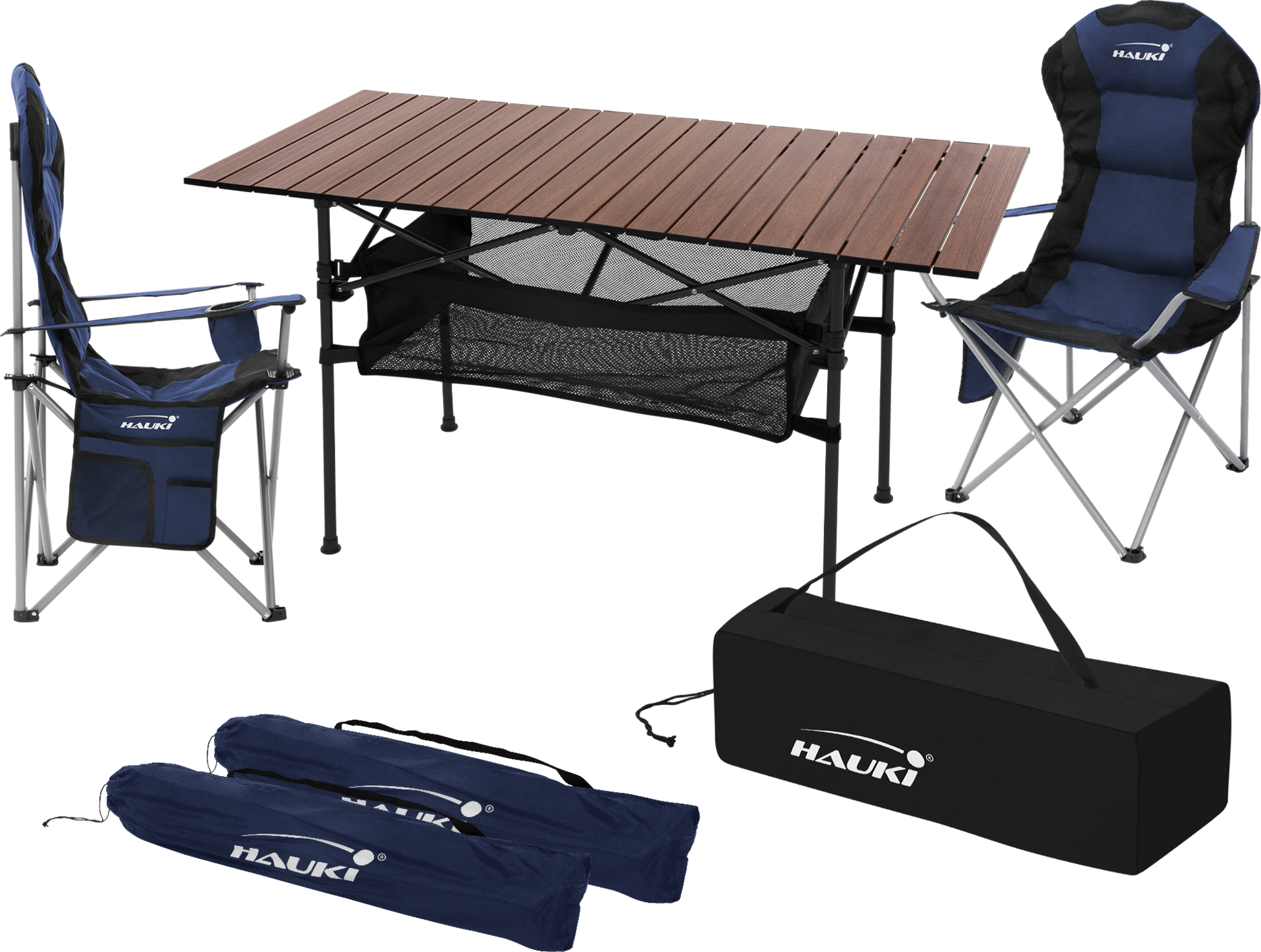 HAUKI, Hauki Camping Furniture Set 3 Piece Folding Table Brown With Two Blue Camping Chairs Portable