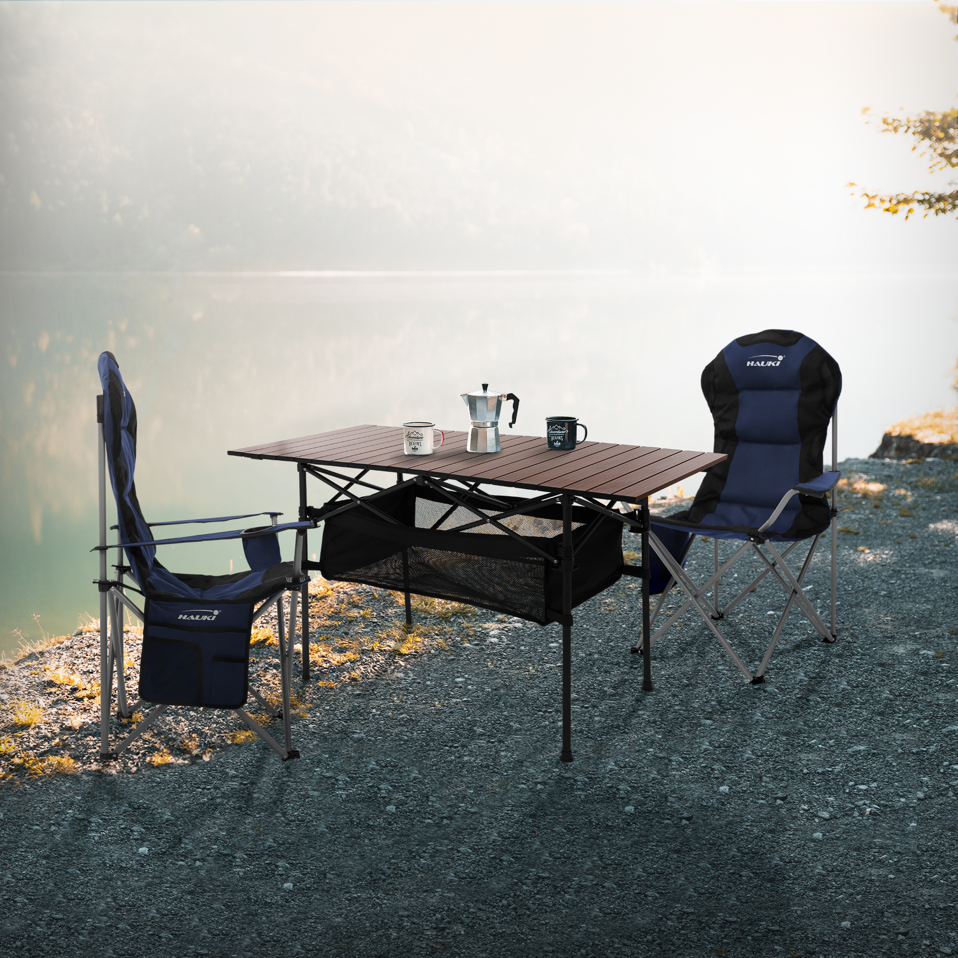 HAUKI, Hauki Camping Furniture Set 3 Piece Folding Table Brown With Two Blue Camping Chairs Portable