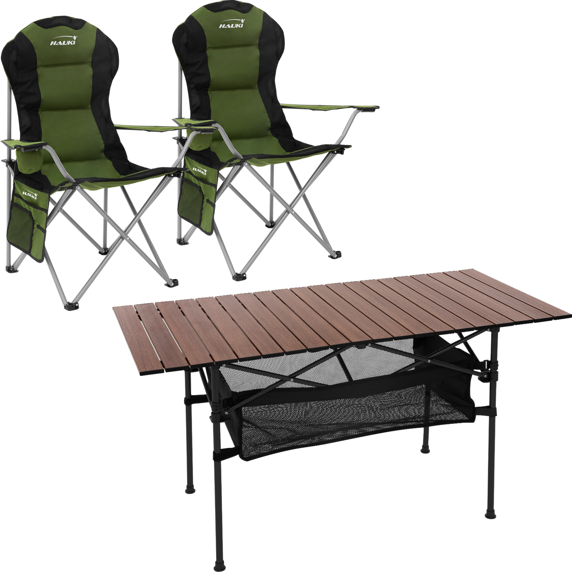 HAUKI, Hauki Camping Furniture Set 3 Piece Folding Table Brown With Two Khaki Camping Chairs Portable
