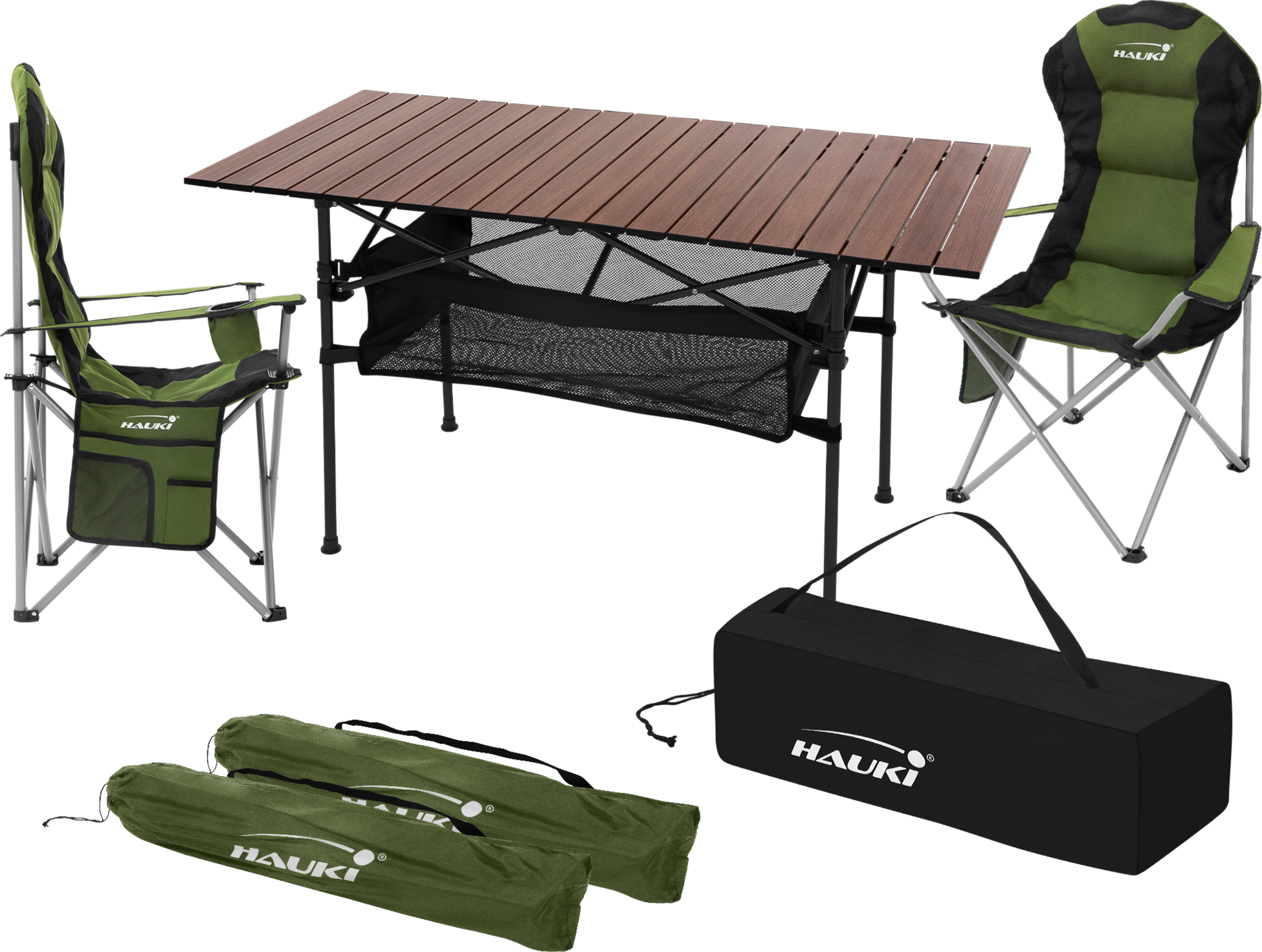 HAUKI, Hauki Camping Furniture Set 3 Piece Folding Table Brown With Two Khaki Camping Chairs Portable