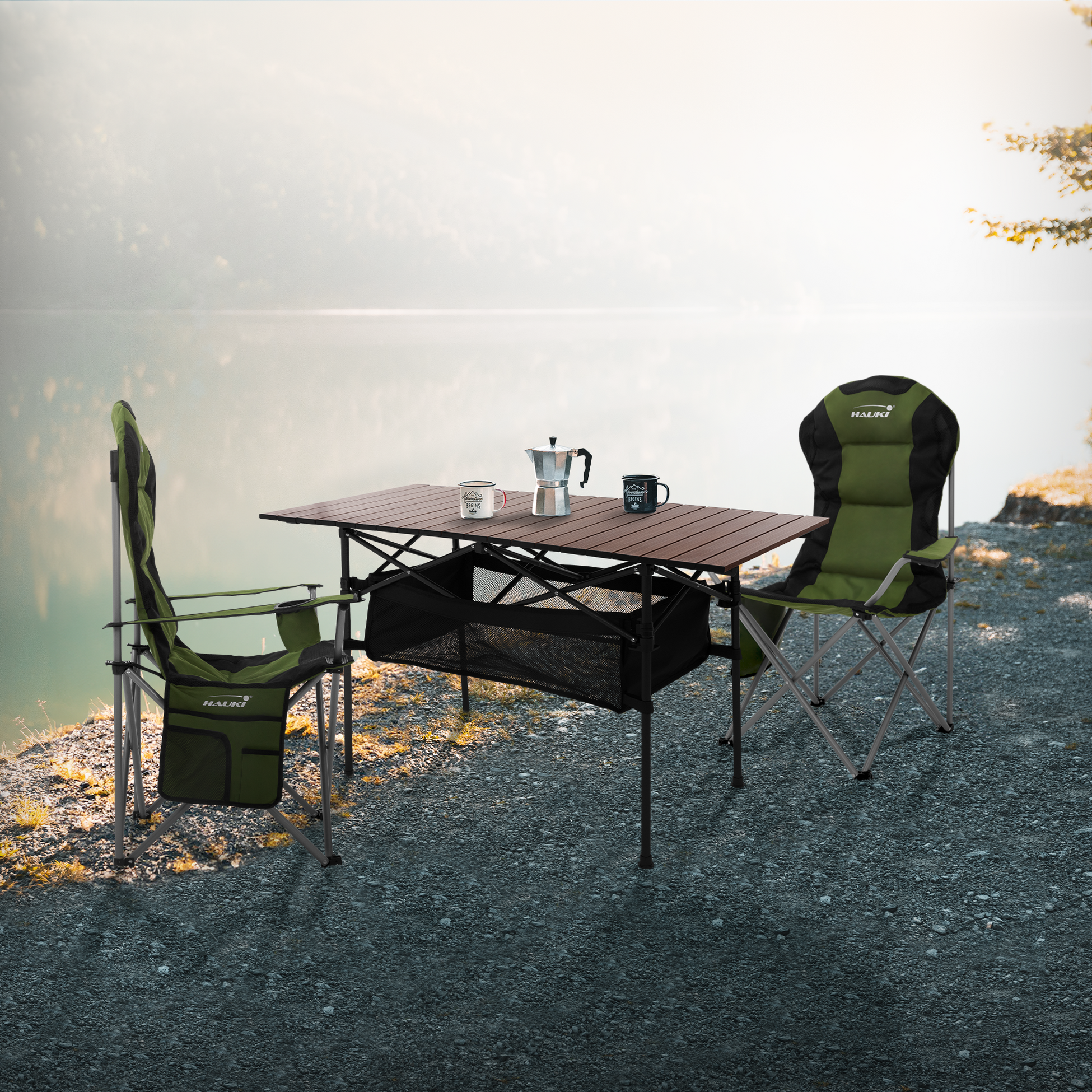 HAUKI, Hauki Camping Furniture Set 3 Piece Folding Table Brown With Two Khaki Camping Chairs Portable
