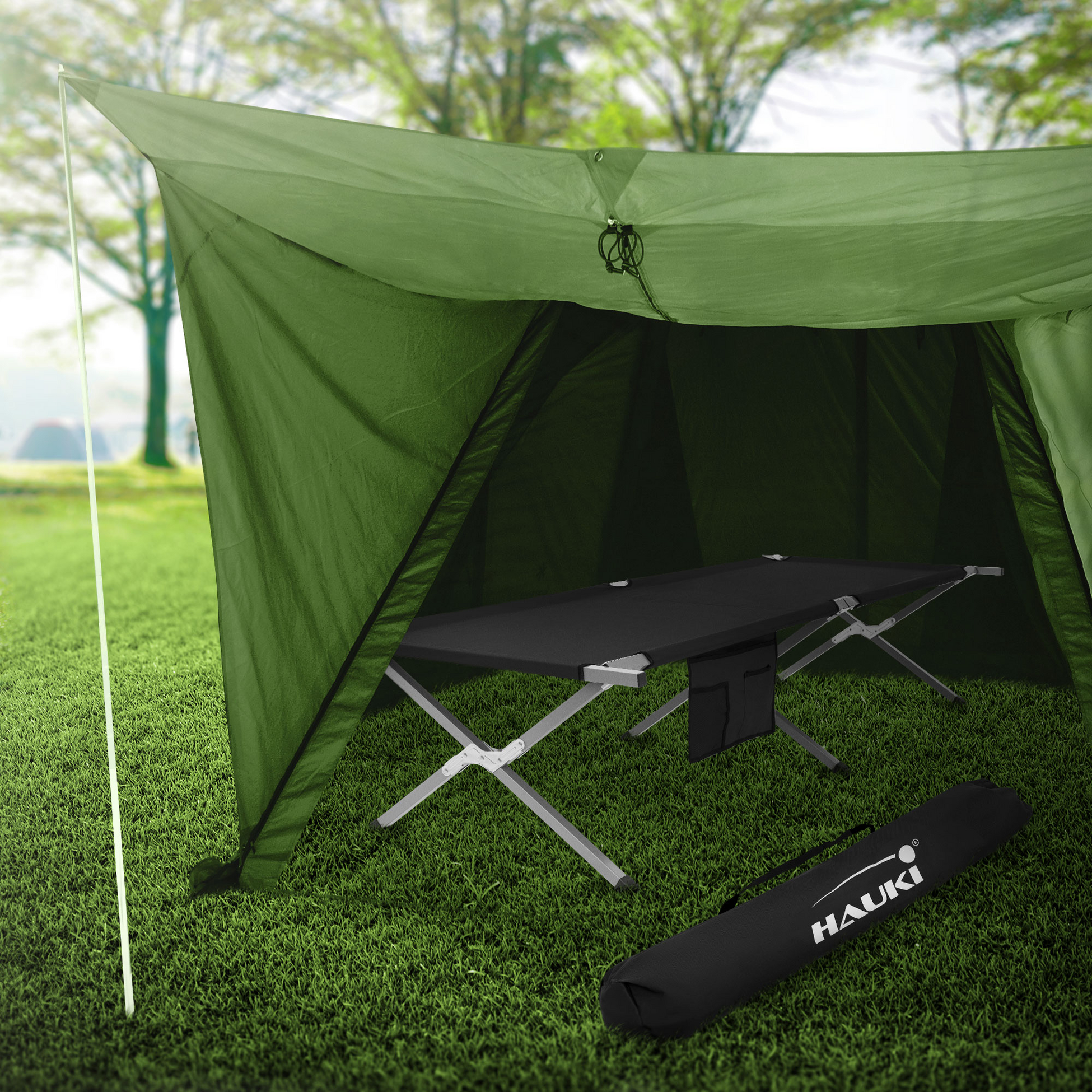 HAUKI, Hauki Folding Camping Bed Xl 210 X 83 X 46 Cm, Black Portable Sleeping Lounger With Carry Bag
