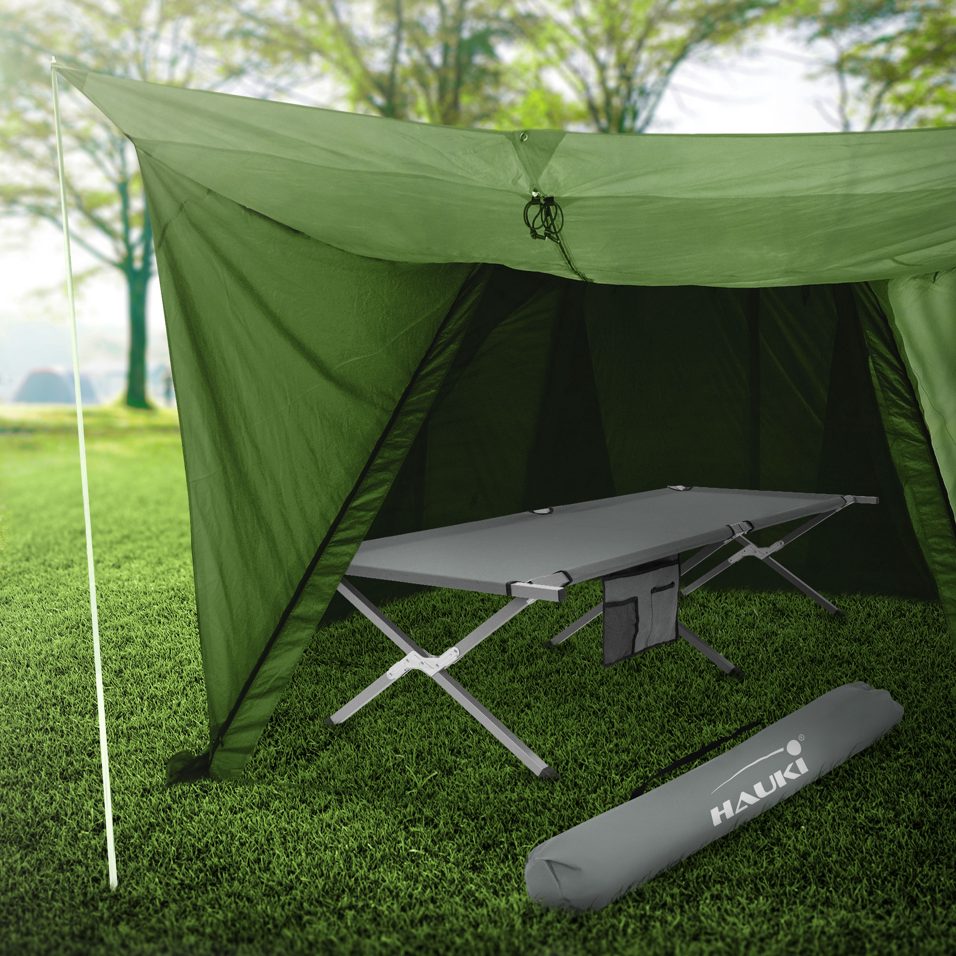 HAUKI, Hauki Folding Camping Bed Xl 210 X 83 X 46 Cm, Grey Portable Sleeping Lounger With Carry Bag