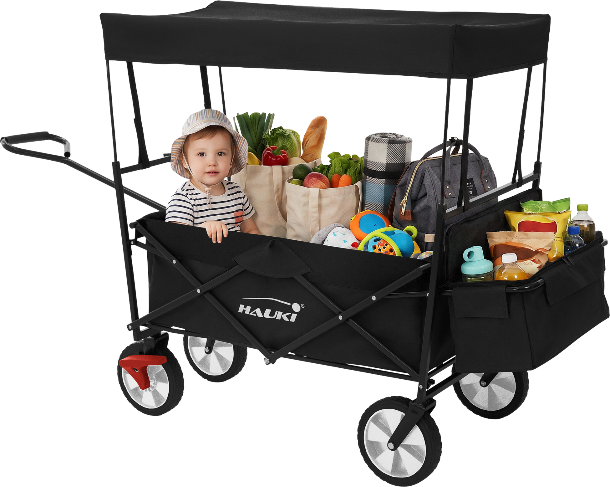 HAUKI, Hauki Folding Wagon With Canopy, L Black Sit In Camping and Beach Kids Cart with 2 Mesh Pockets