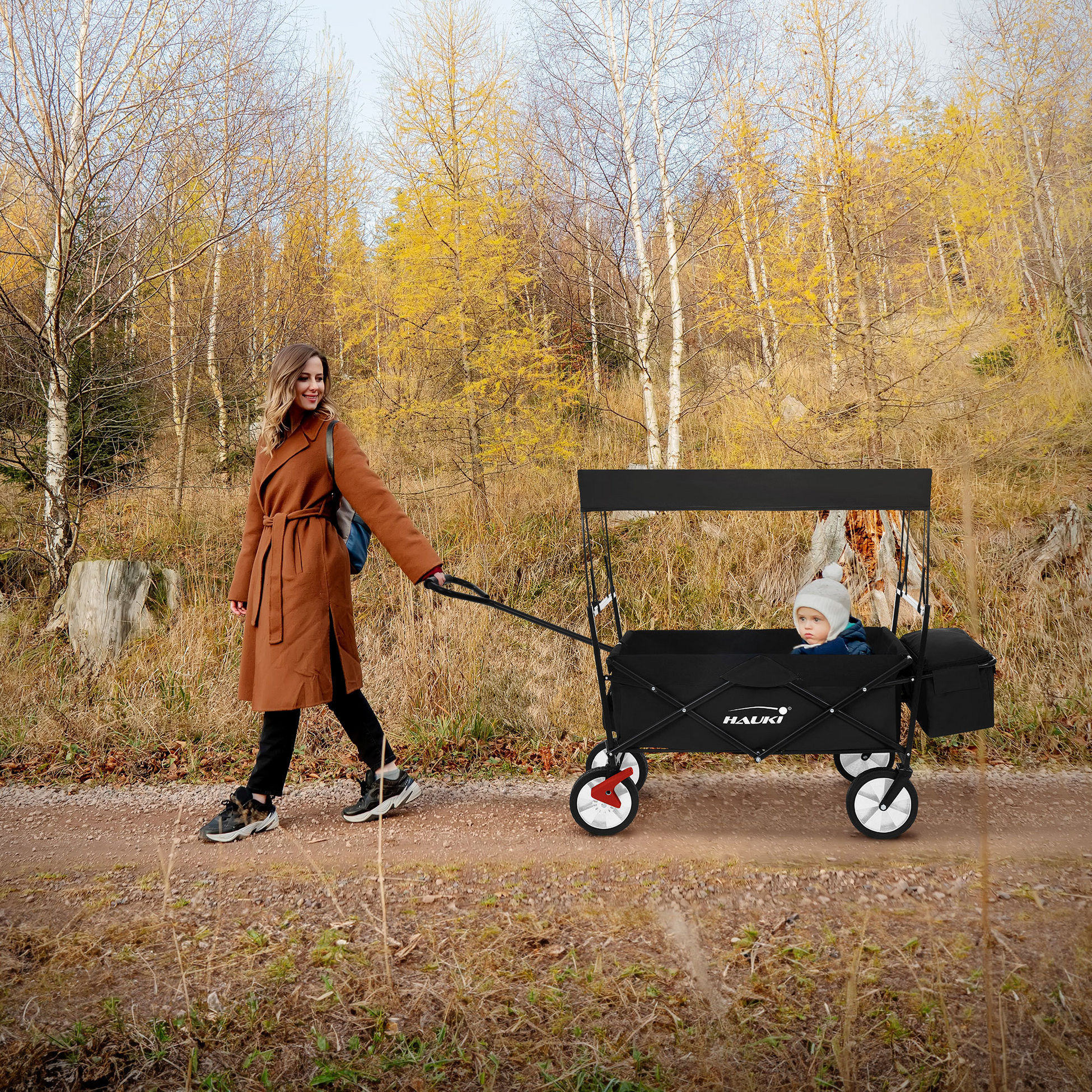 HAUKI, Hauki Folding Wagon With Canopy, L Black Sit In Camping and Beach Kids Cart with 2 Mesh Pockets