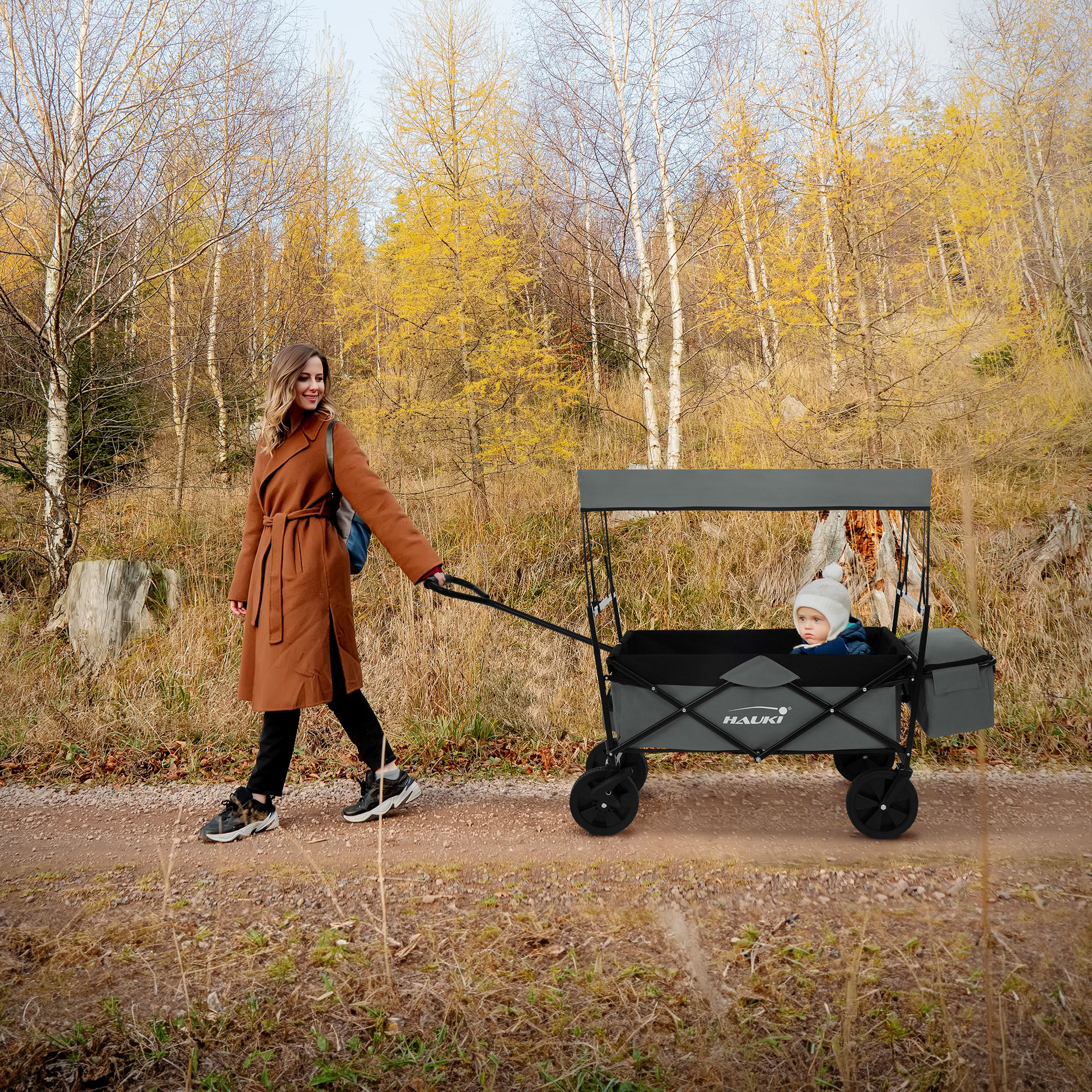 HAUKI, Hauki Folding Wagon With Canopy, L Grey Sit In Camping and Beach Kids Cart with 2 Mesh Pockets