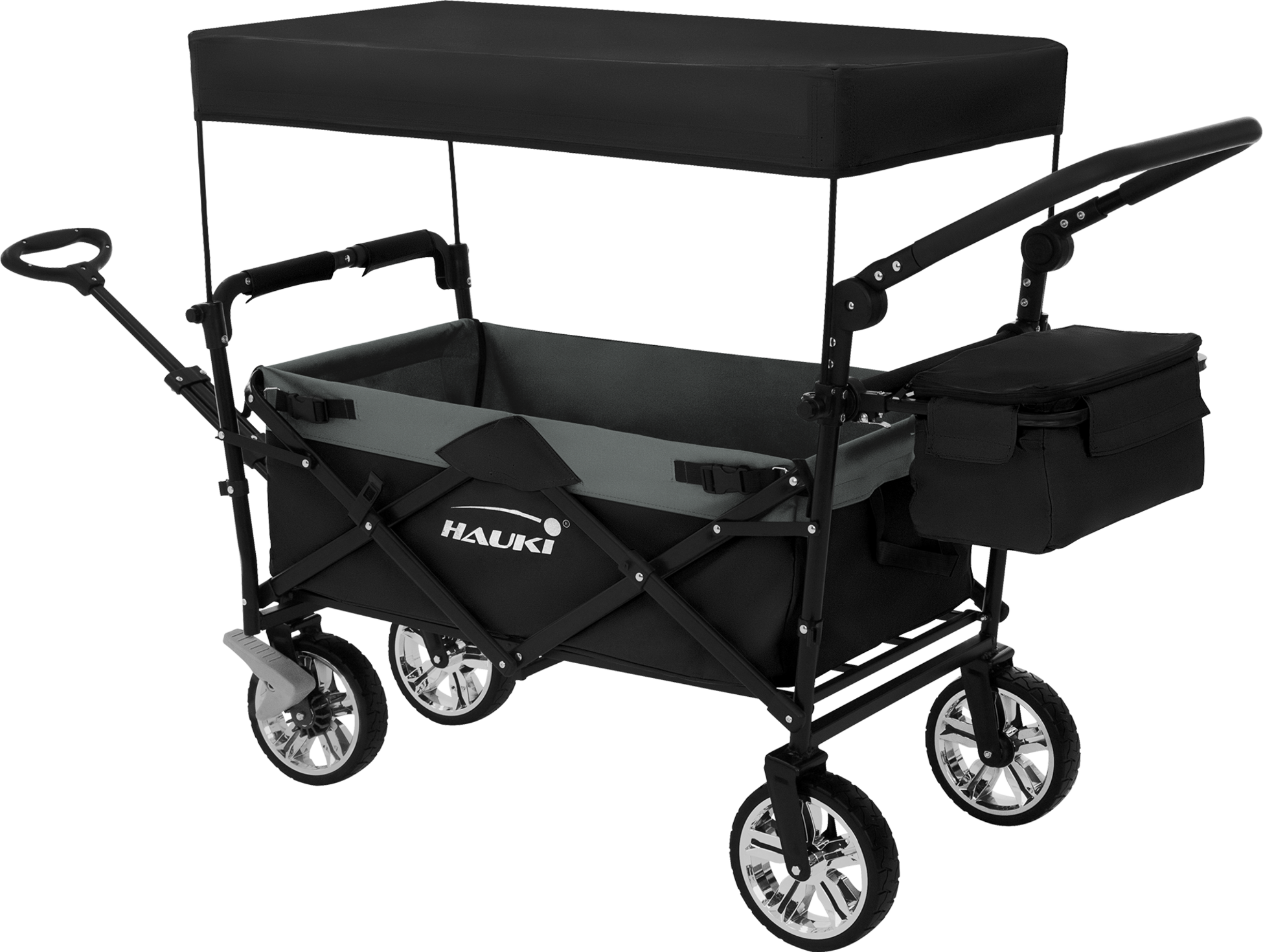 HAUKI, Hauki Folding Wagon With Canopy, XXL Black Grey, Camping and Beach Kids Cart with 2 Mesh Pockets