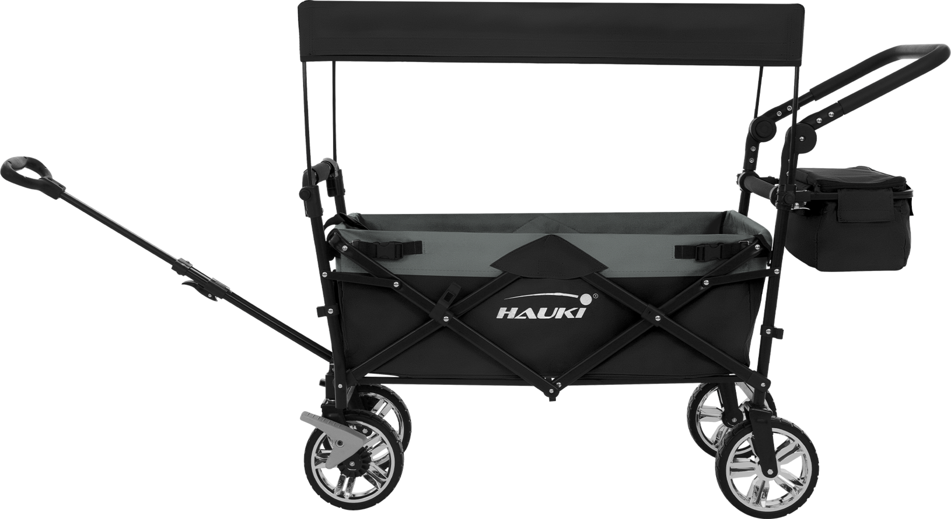 HAUKI, Hauki Folding Wagon With Canopy, XXL Black Grey, Camping and Beach Kids Cart with 2 Mesh Pockets