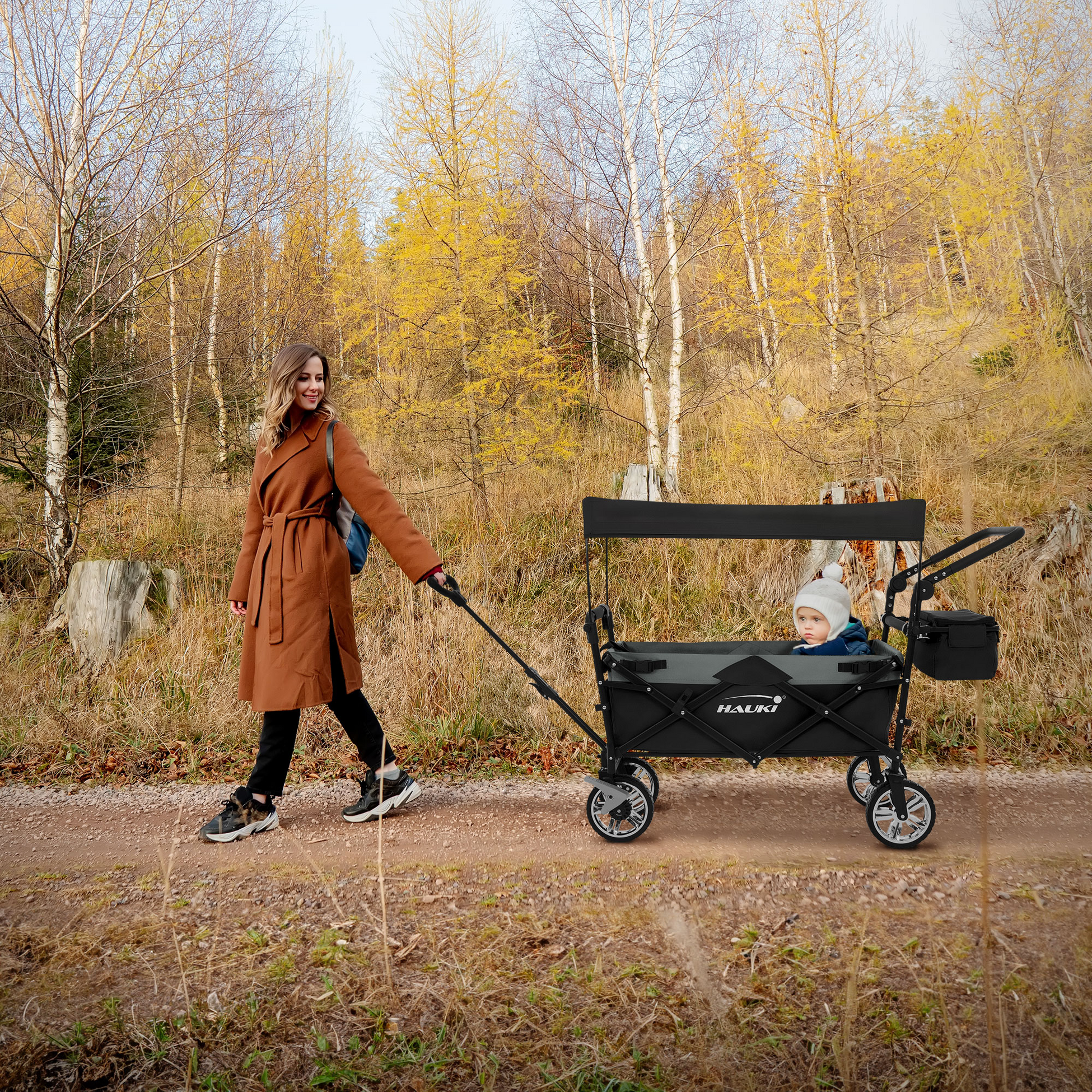 HAUKI, Hauki Folding Wagon With Canopy, XXL Black Grey, Camping and Beach Kids Cart with 2 Mesh Pockets