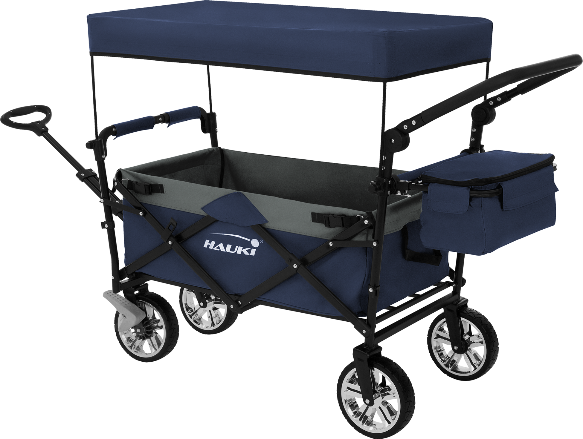 HAUKI, Hauki Folding Wagon With Canopy, XXL Blue Grey, Camping and Beach Kids Cart with 2 Mesh Pockets