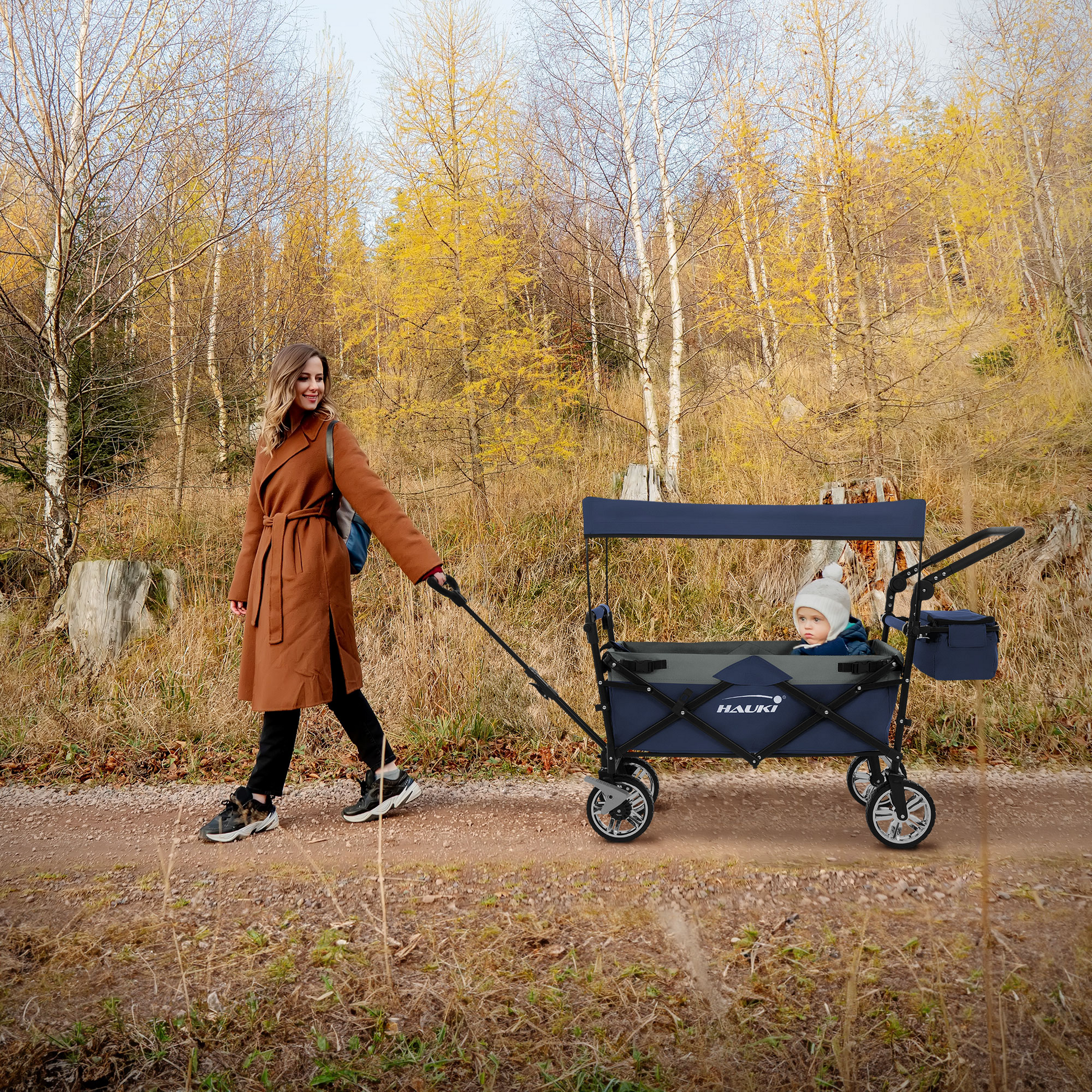 HAUKI, Hauki Folding Wagon With Canopy, XXL Blue Grey, Camping and Beach Kids Cart with 2 Mesh Pockets